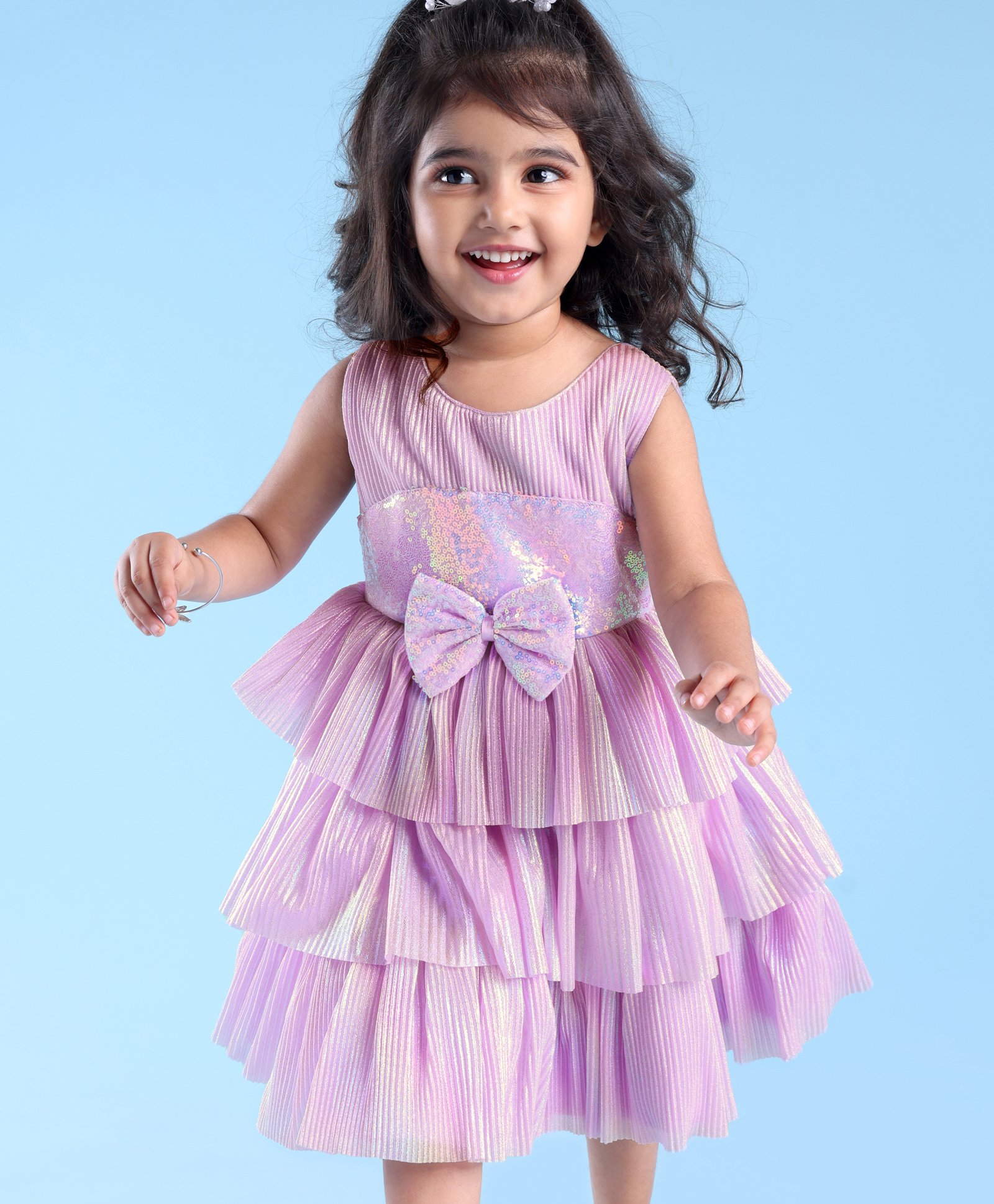 Babyhug Sleeveless Party Wear Tiered Dress with Bow Applique - Lavender-image-45