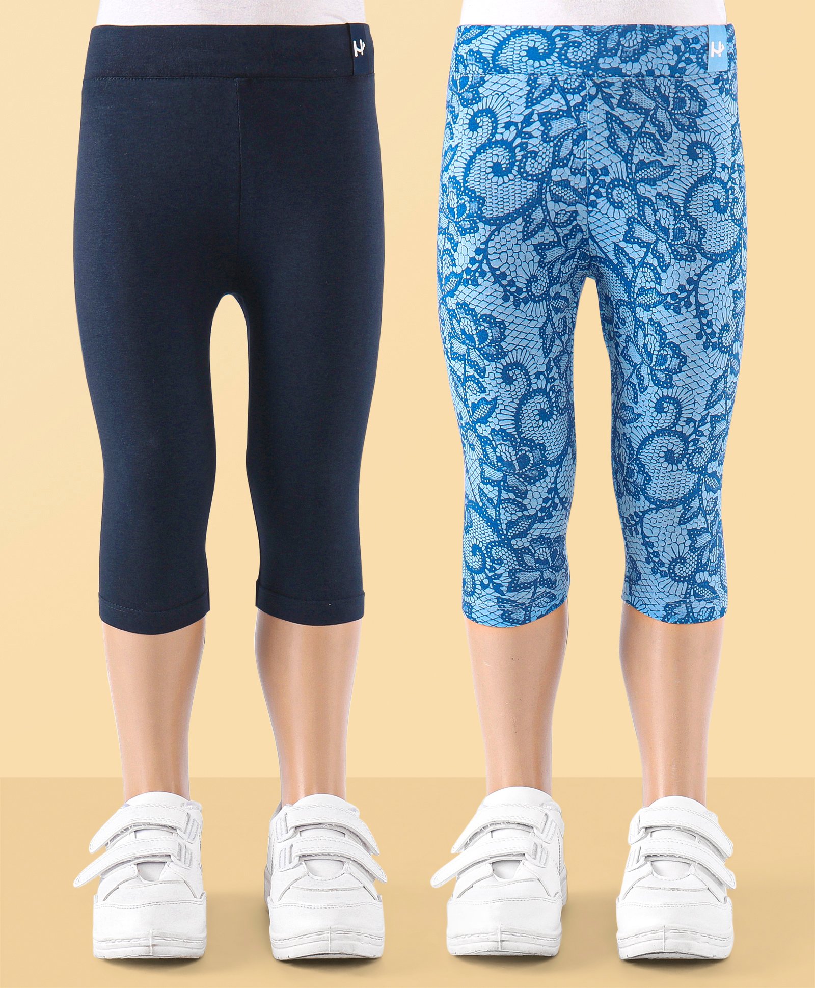 Honeyhap Premium Single Jersey With Bio Finish Three Fourth Leggings With Floral Print Pack Of 2 - Navy & Light Blue-picture-16