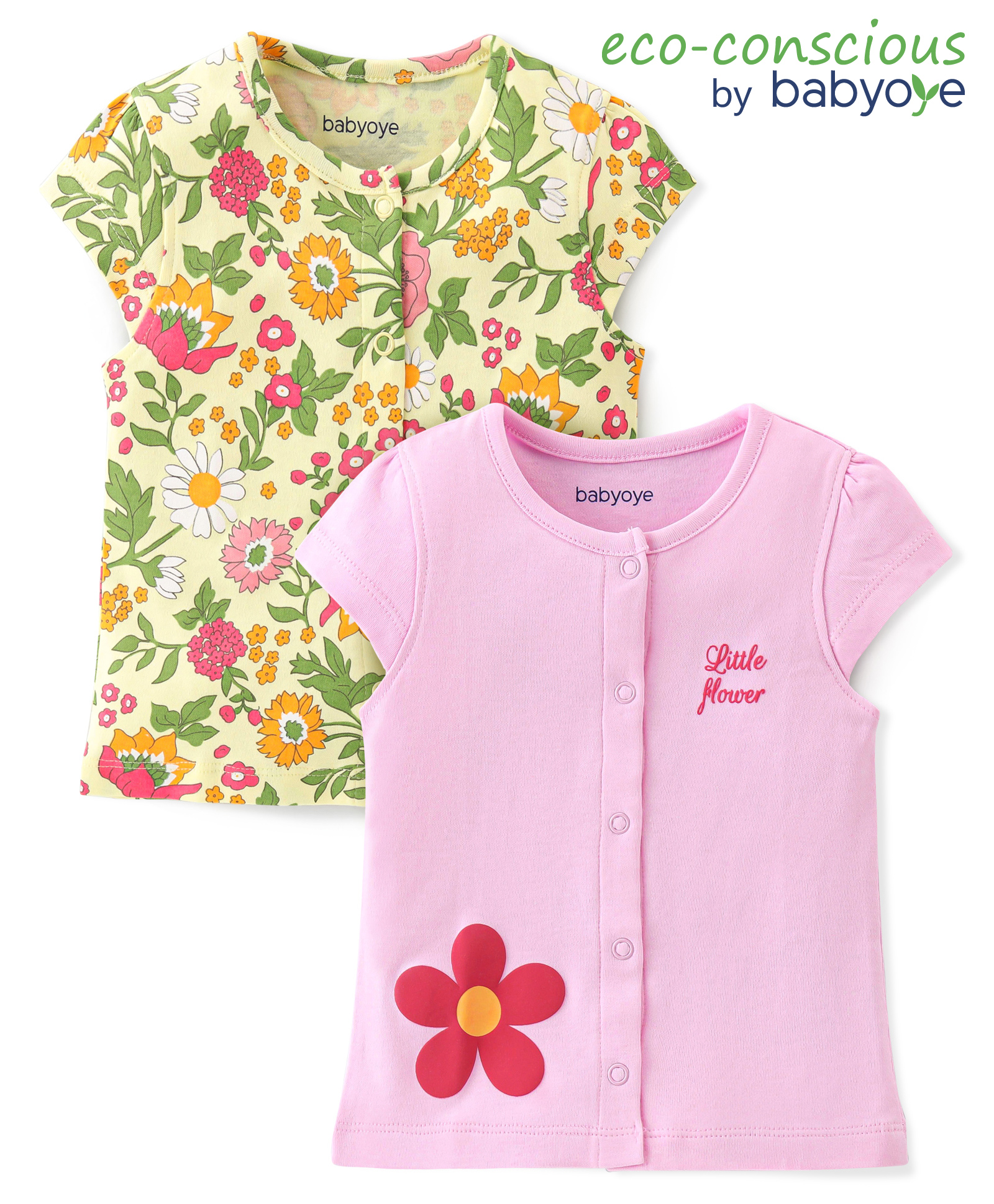 Babyoye Eco Conscious 100% Cotton Woven with Eco Jiva Finish Floral Printed Half Sleeves Vests Pack Of 2 - Pink & Green-picture-14