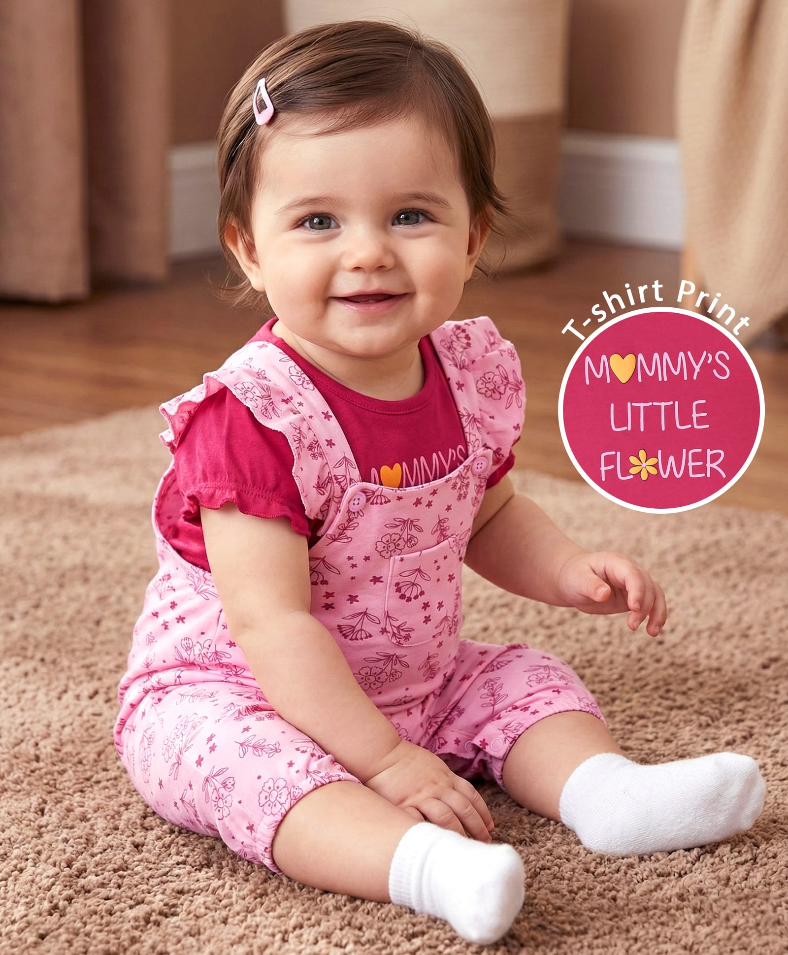 Babyoye Eco Conscious 100% Cotton with Eco Jiva Finish Solid Dyed Dungaree Style Romper With Half Sleeves T-Shirt Floral Print - Pink-picture-5
