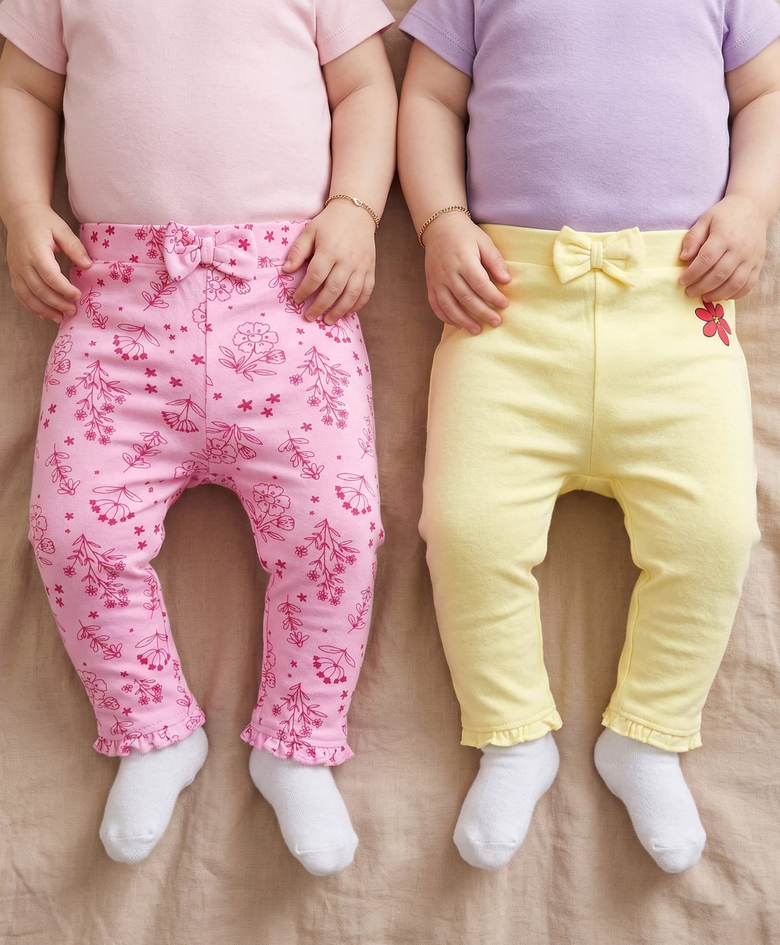 Babyoye Eco Conscious 100% Cotton Full Length Floral Printed Pajamas With Bow Applique Pack of 2- Cream & Pink-image-43