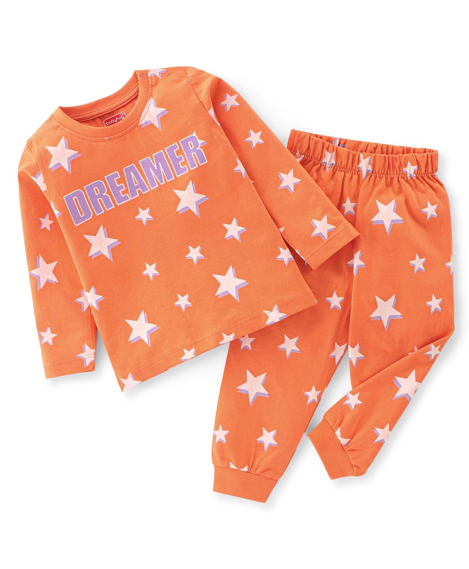 Babyhug Cotton Single Jersey Knit Full Sleeves Night Suit Star Print - Orange-image-20