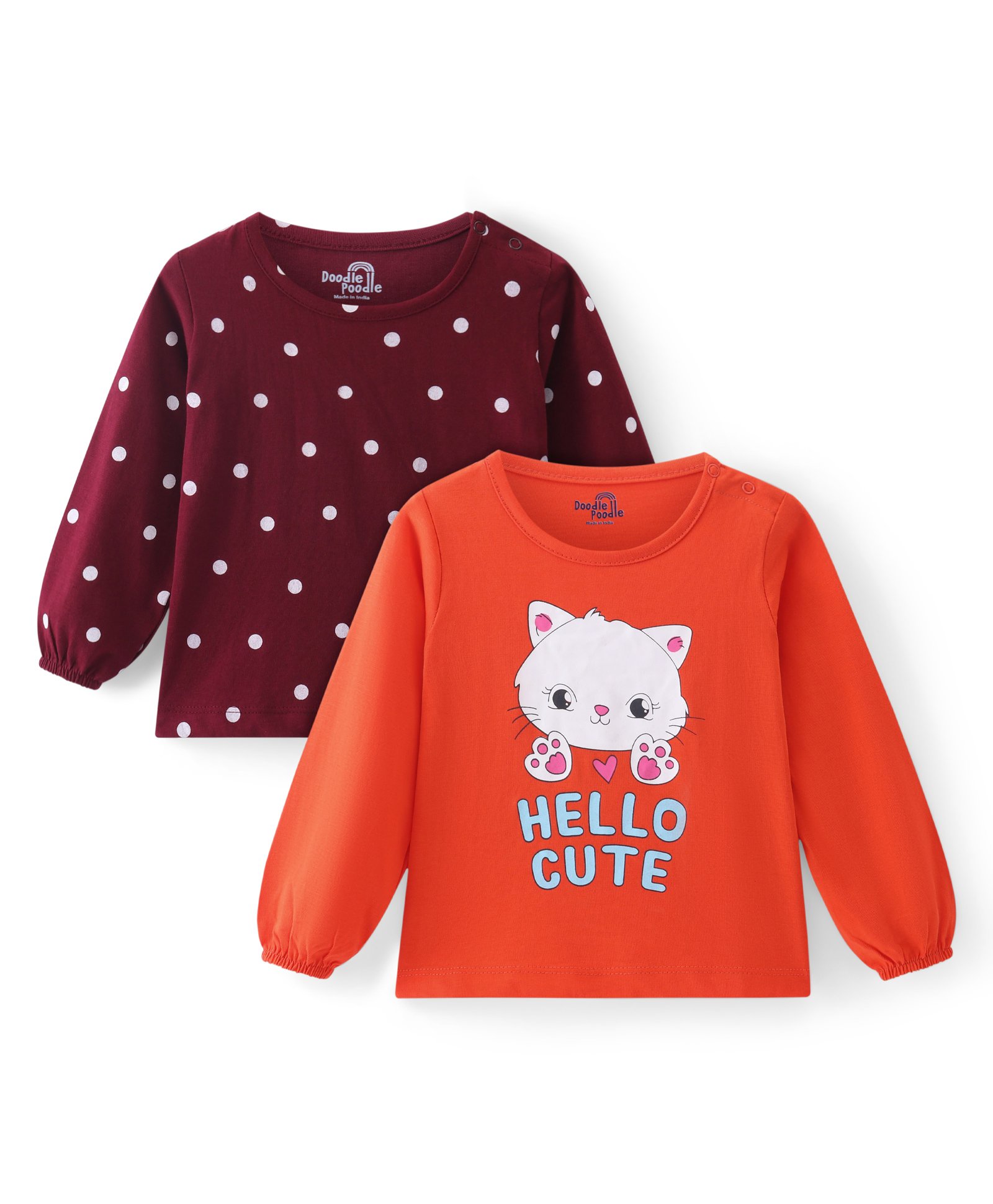 Doodle Poodle Single Jersey Knit Full Sleeves T-Shirts With Kitty & Polka Dot Print - Orange & Brown-picture-41