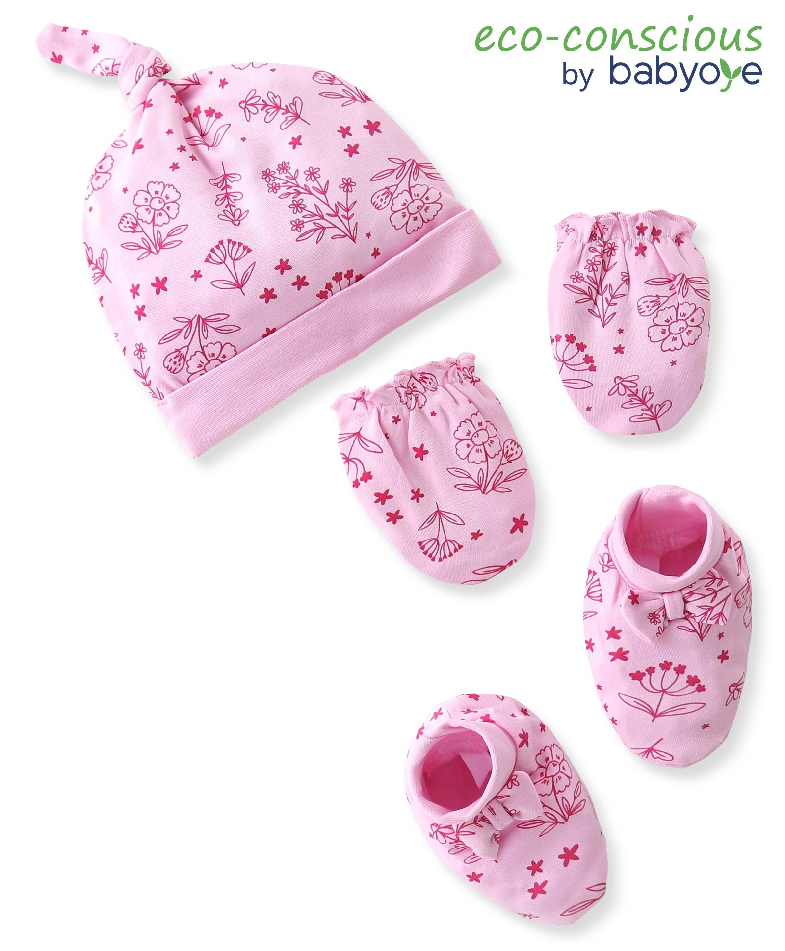 Babyoye 100% Cotton Eco Conscious  with Eco Jiva Finish Solid Dyed Caps Mittens & Booties Set Floral Print - Pink-picture-19