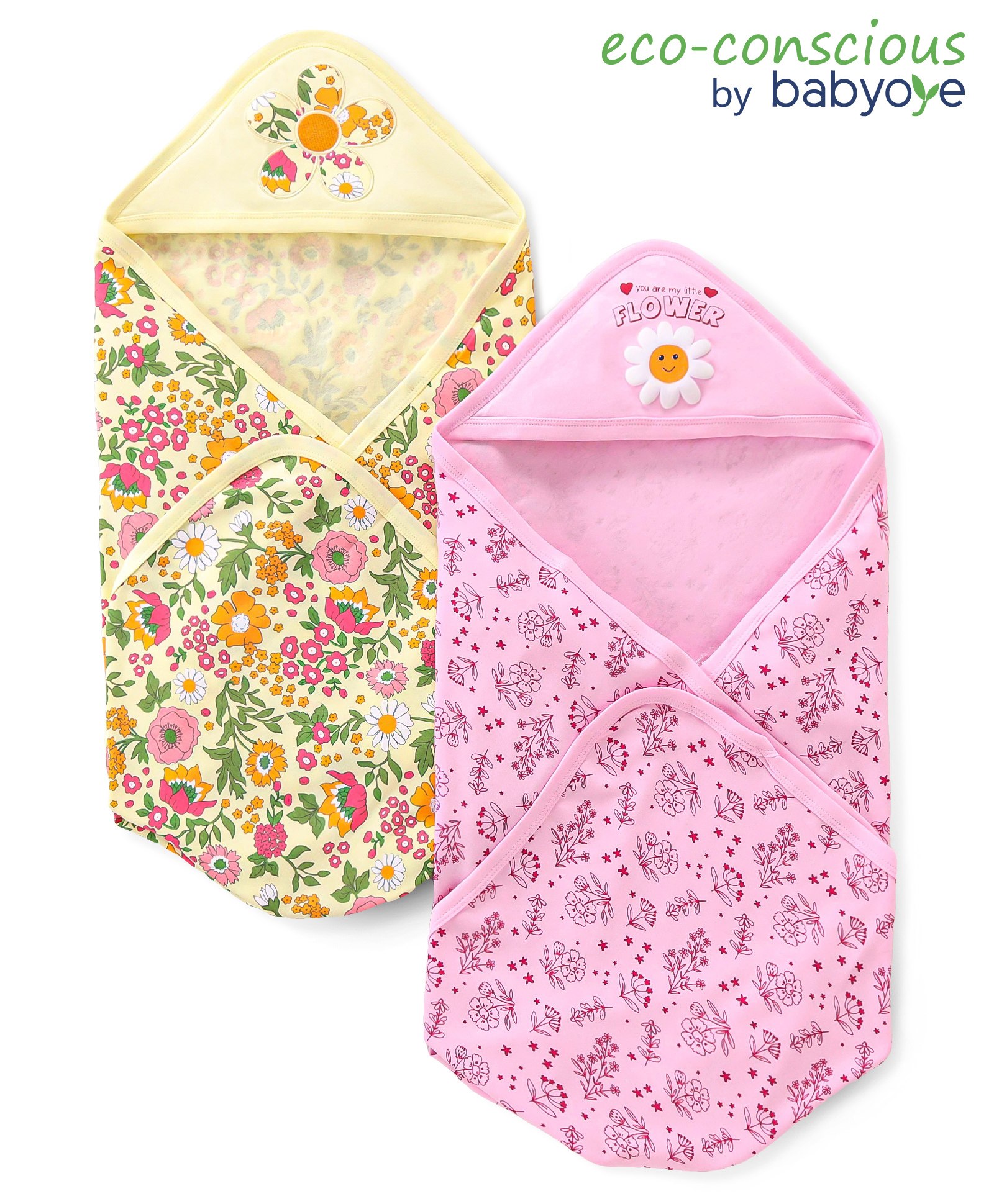 Babyoye 100% Cotton Woven Interlock Hooded Towel Cum Wrapper with Floral Print Pack of 2 L 83 x B 81 cm - Multicolor-picture-24