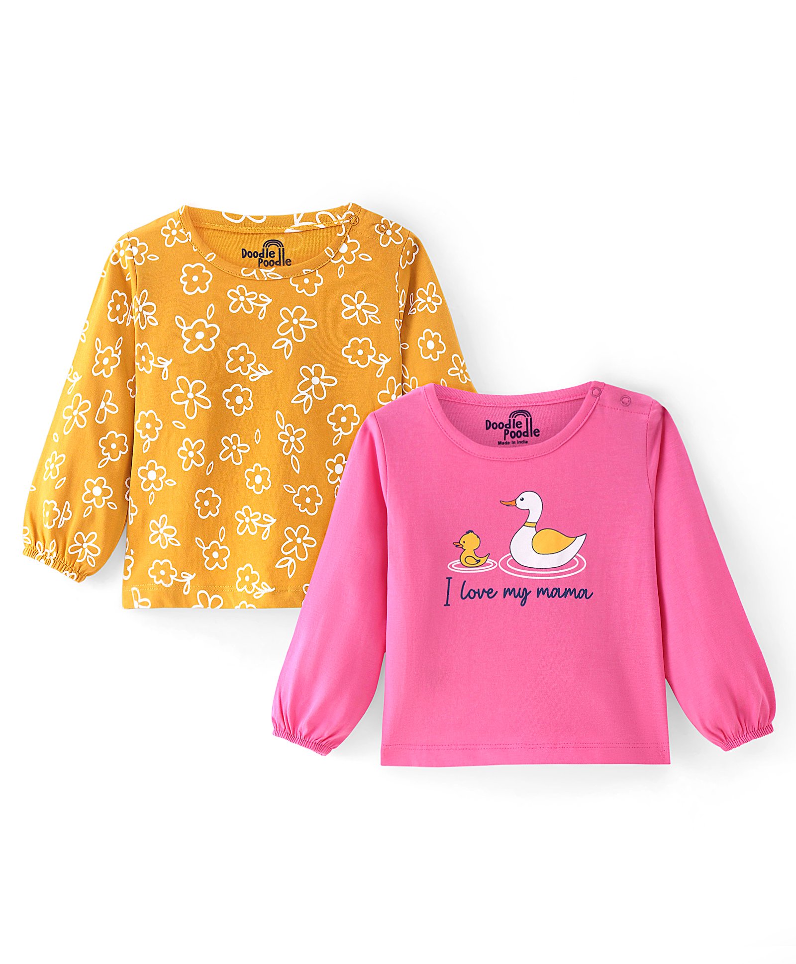 Doodle Poodle 100% Cotton Full Sleeves Top with Floral & Duck Print Pack of 2 - Mustard & Pink-picture-13