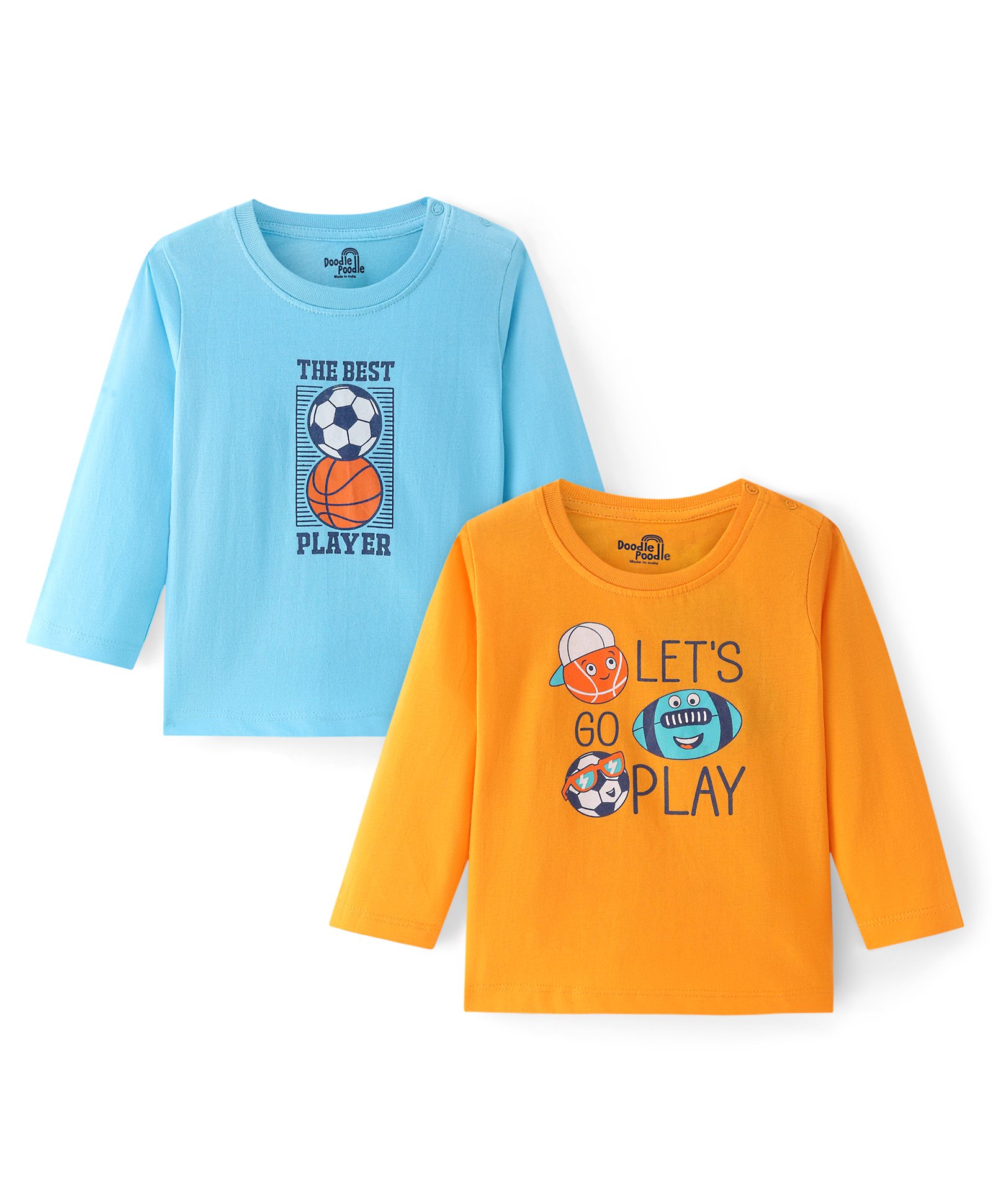 Doodle Poodle 100% Cotton Full Sleeves T-Shirt with Basketball & Football Print Pack of 2 - Blue & Yellow-picture-27