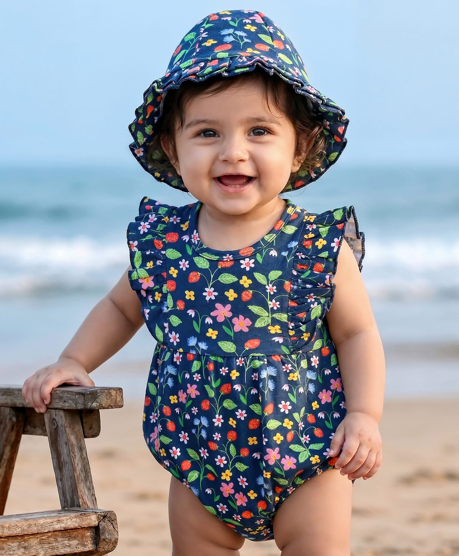 Babyhug 100% Cotton Interlock Knit Sleeveless Onesies With Cap & Floral Print - Navy Blue-image-48