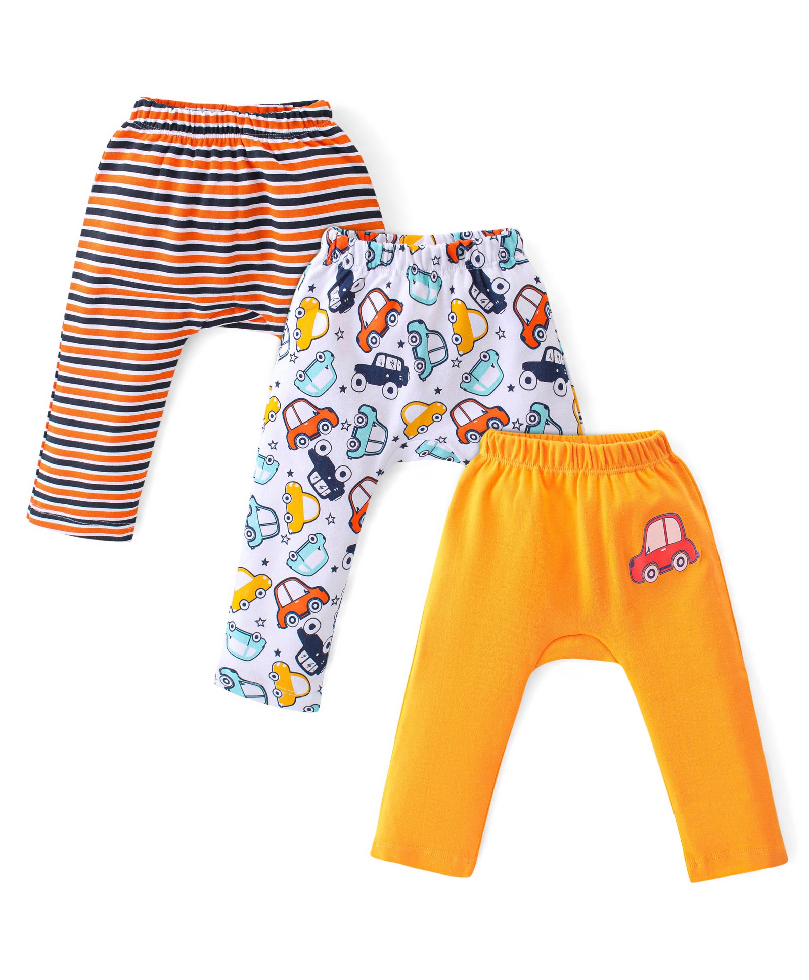 Babyhug Cotton Knit Full Length Diaper Pants Stripes & Car Print Pack of 3 - Multicolor-picture-13