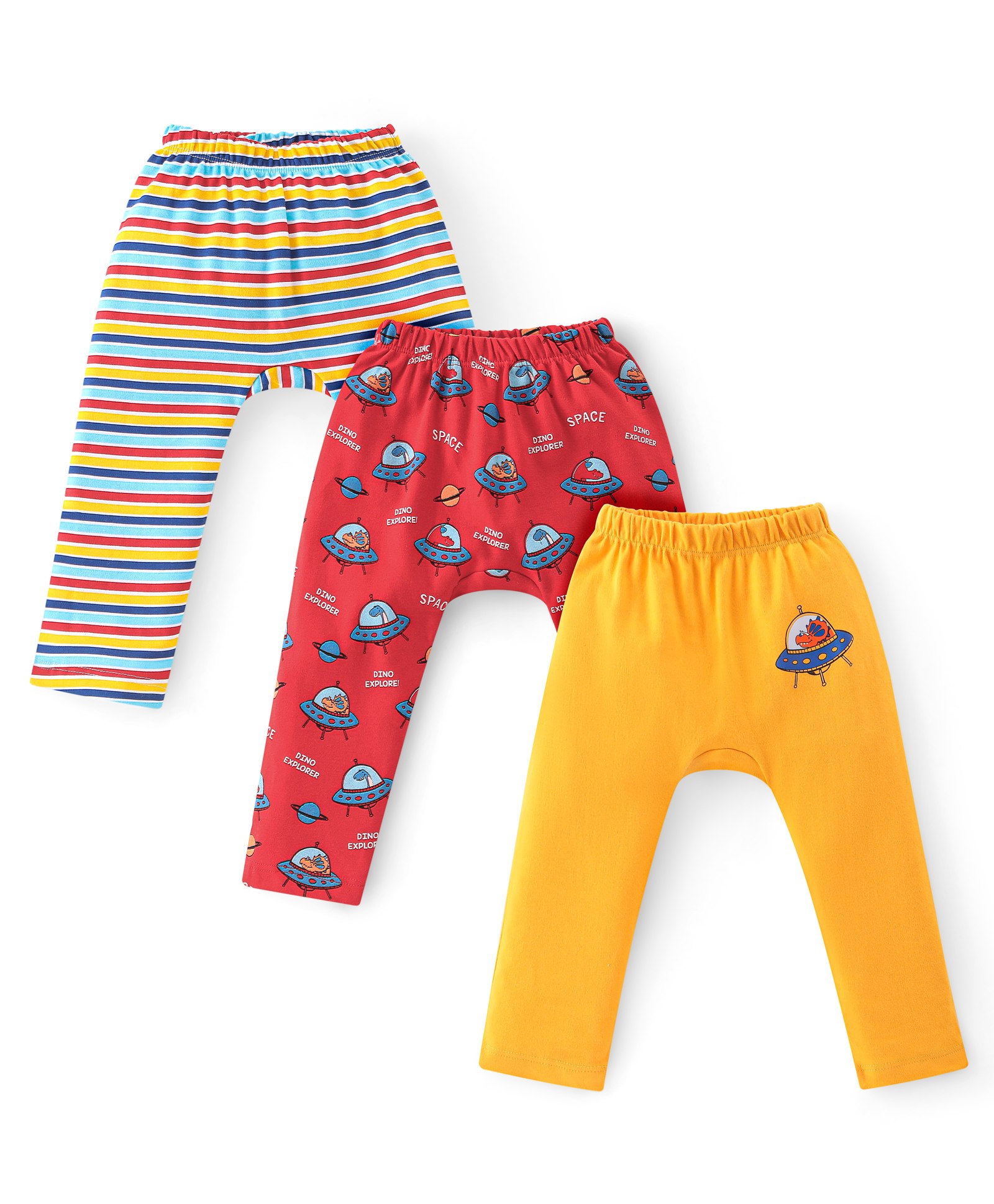 Babyhug Interlock Knit Full Length Diaper Pants Stripes & Dino Print Pack of 3 - Multicolor-picture-24