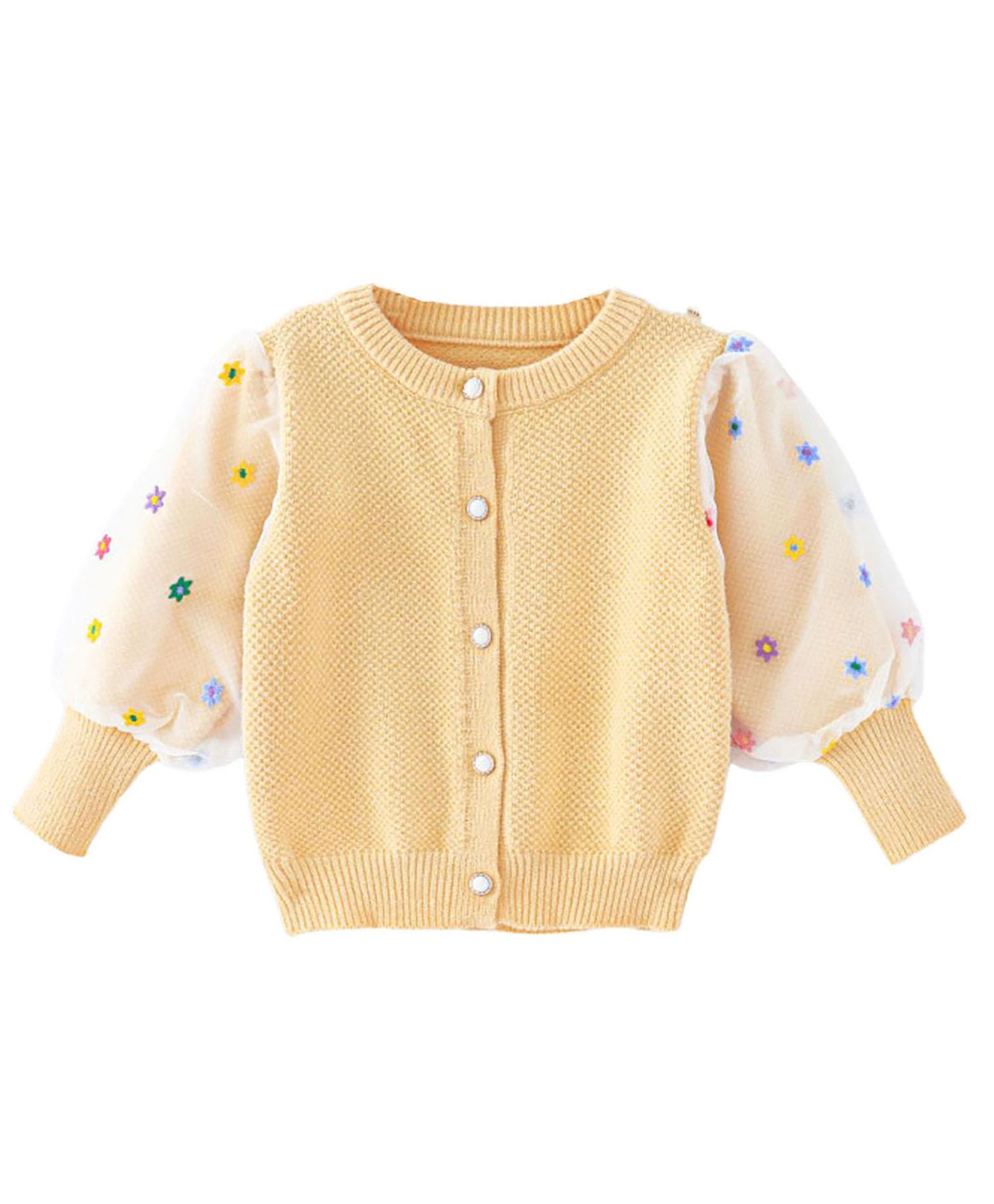 Little Surprise Box Puff Full Sleeves Floral Printed Sweater - Yellow-image-12