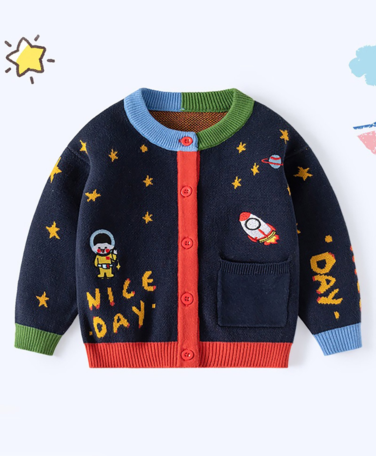 Little Surprise Box Full Sleeves Space Theme Detailed Cotton Warmer Sweater - Navy Blue-picture-30