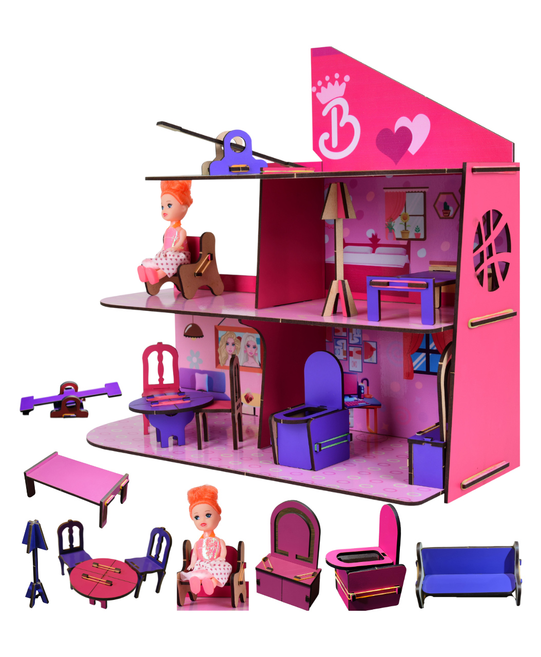 Eqiq 3-Story Malibu Wooden Dollhouse with 3 Rooms Balcony & Rooftop Pool Lounge 10 Piece Colorful Furniture & Accessories-image-4
