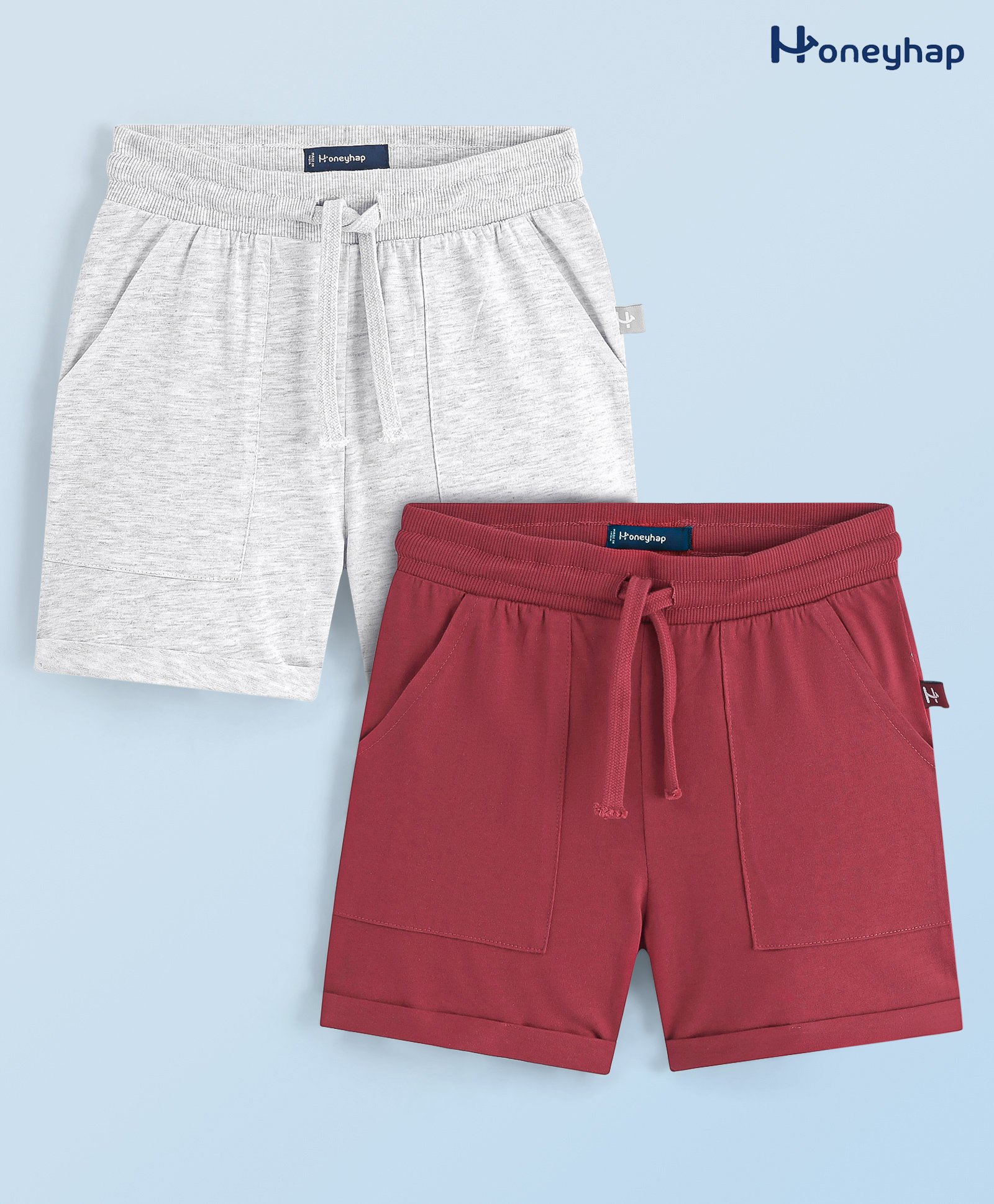 Honeyhap Premium  100% Cotton Knit Solid Colour Shorts  With Bio Finish Pack of 2 -  Savvy Red & Ecru Melange-image-45