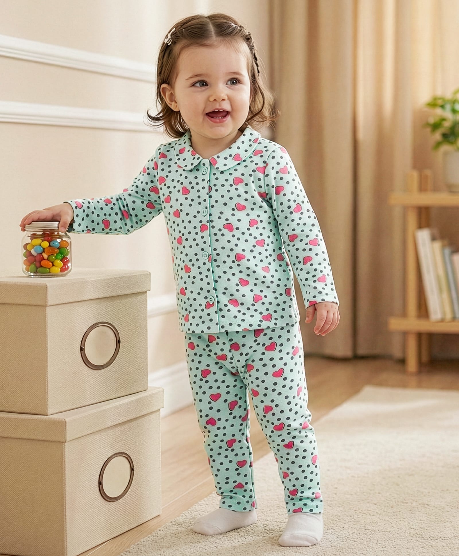 Babyoye Eco Conscious 100% Cotton With Anti Bacterial Finish   Full Sleeves Night Suit Hearts & Polka Dots Print - Light Blue-picture-21