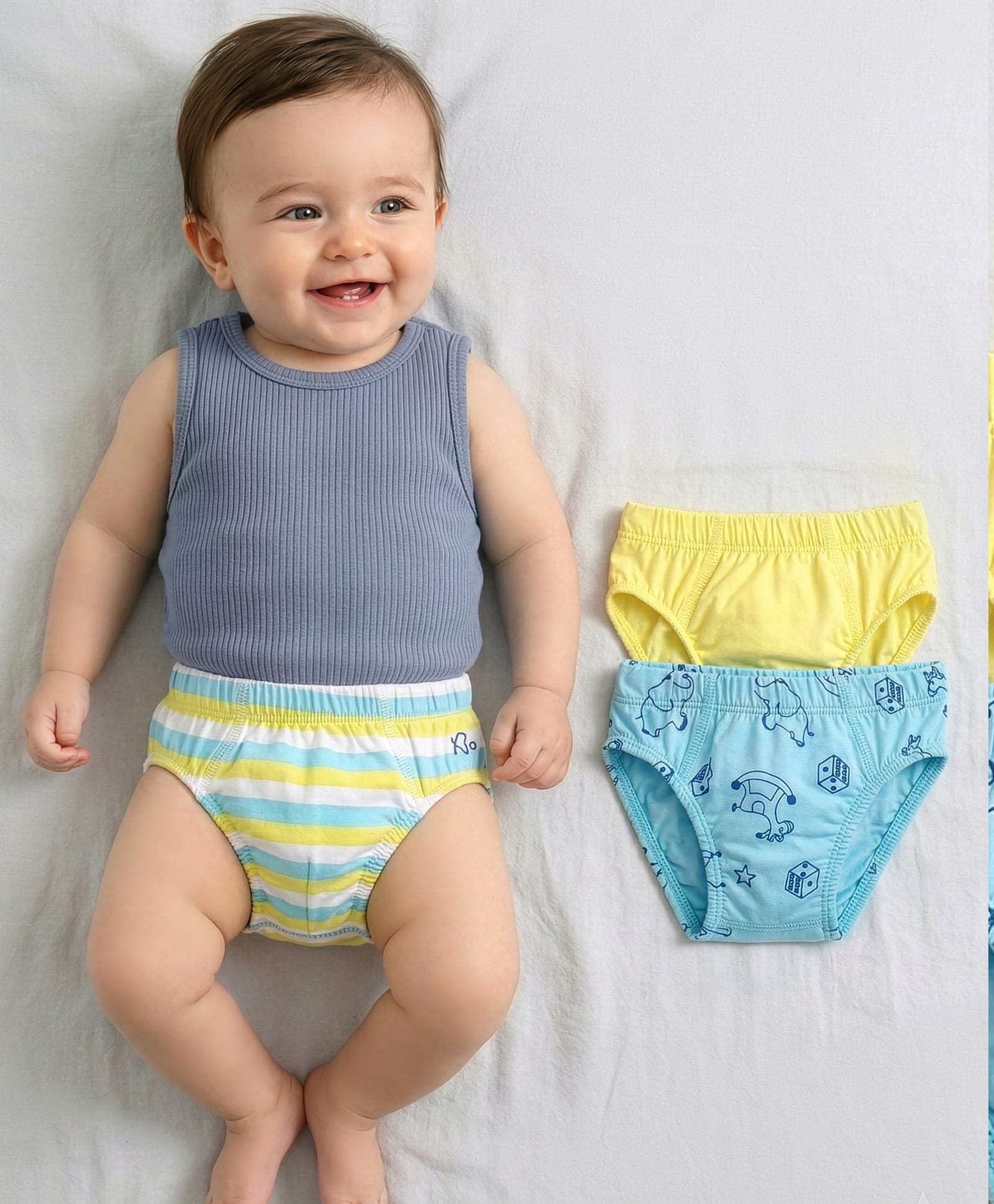 Babyoye 100% Cotton Knit With Anti Bacterial Finish  Briefs Solid  Striped & Elephant Print Pack of 3 - Multicolour-image-37