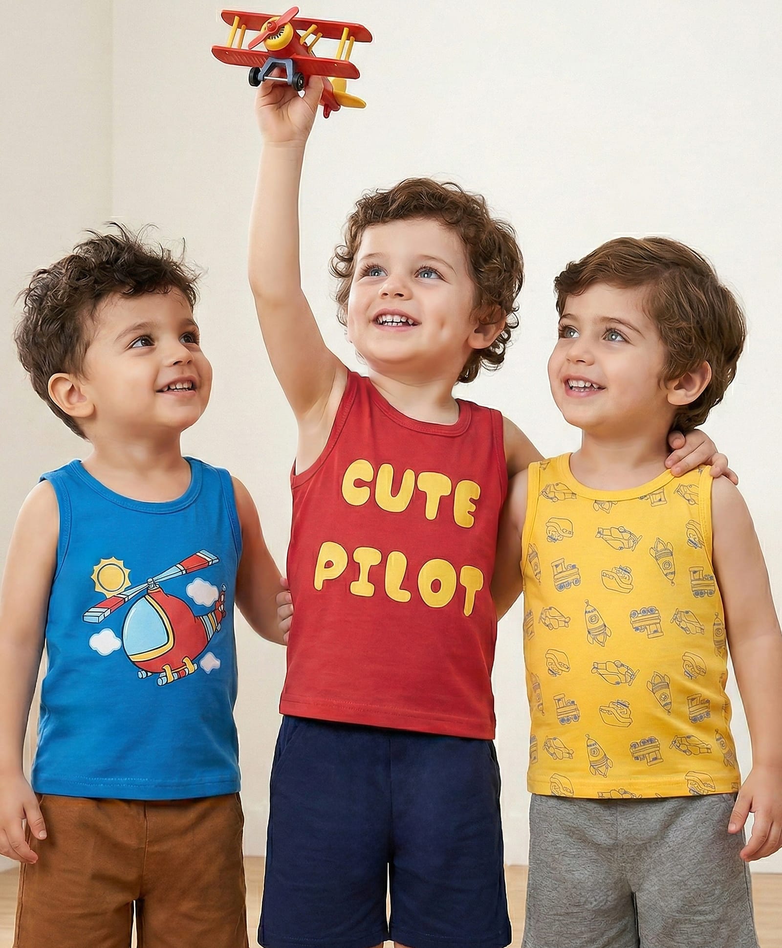 Babyoye Cotton Spandex Knit Sleeveless With Anti Bacterial Finish Helicopter Print Vests Pack of 3 -Multicolor-image-26