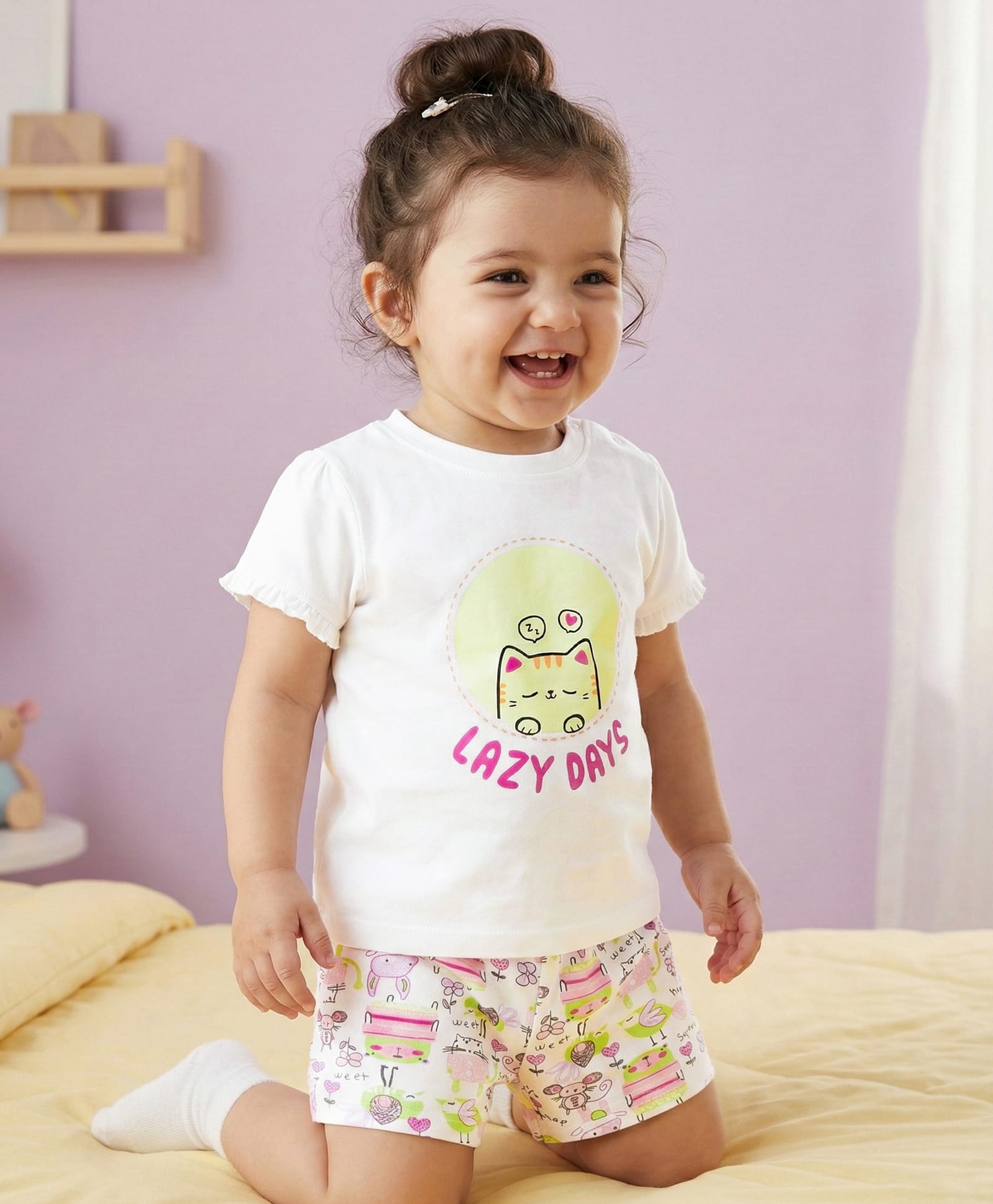 Babyoye Eco Conscious Female Cotton Modal All Over Printed Half Sleeves Nightwear White 6-9M-image-2