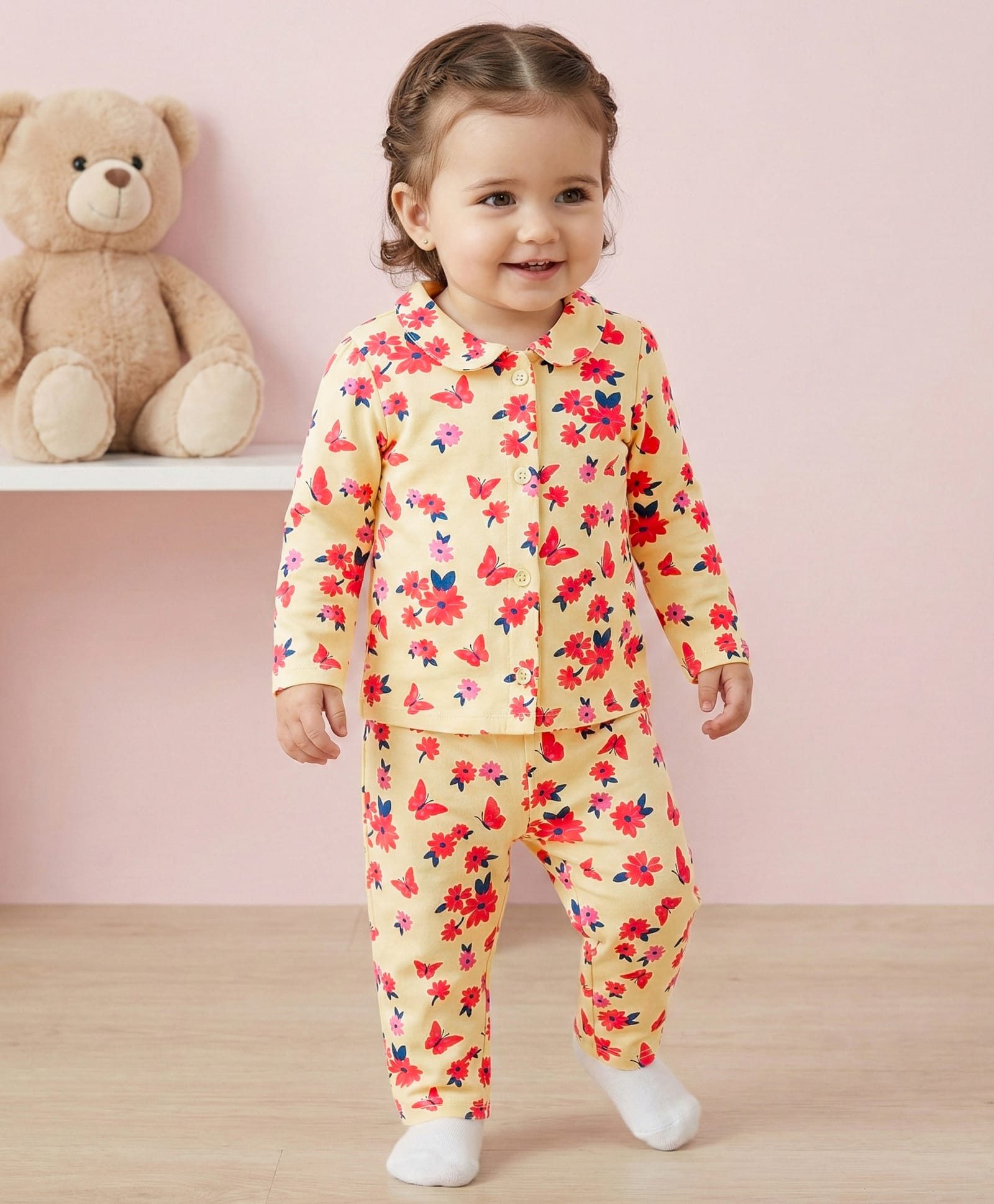 Babyoye Eco Conscious Cotton Modal Full Sleeves Night Suit With Floral Print - Light  Yellow-image-30