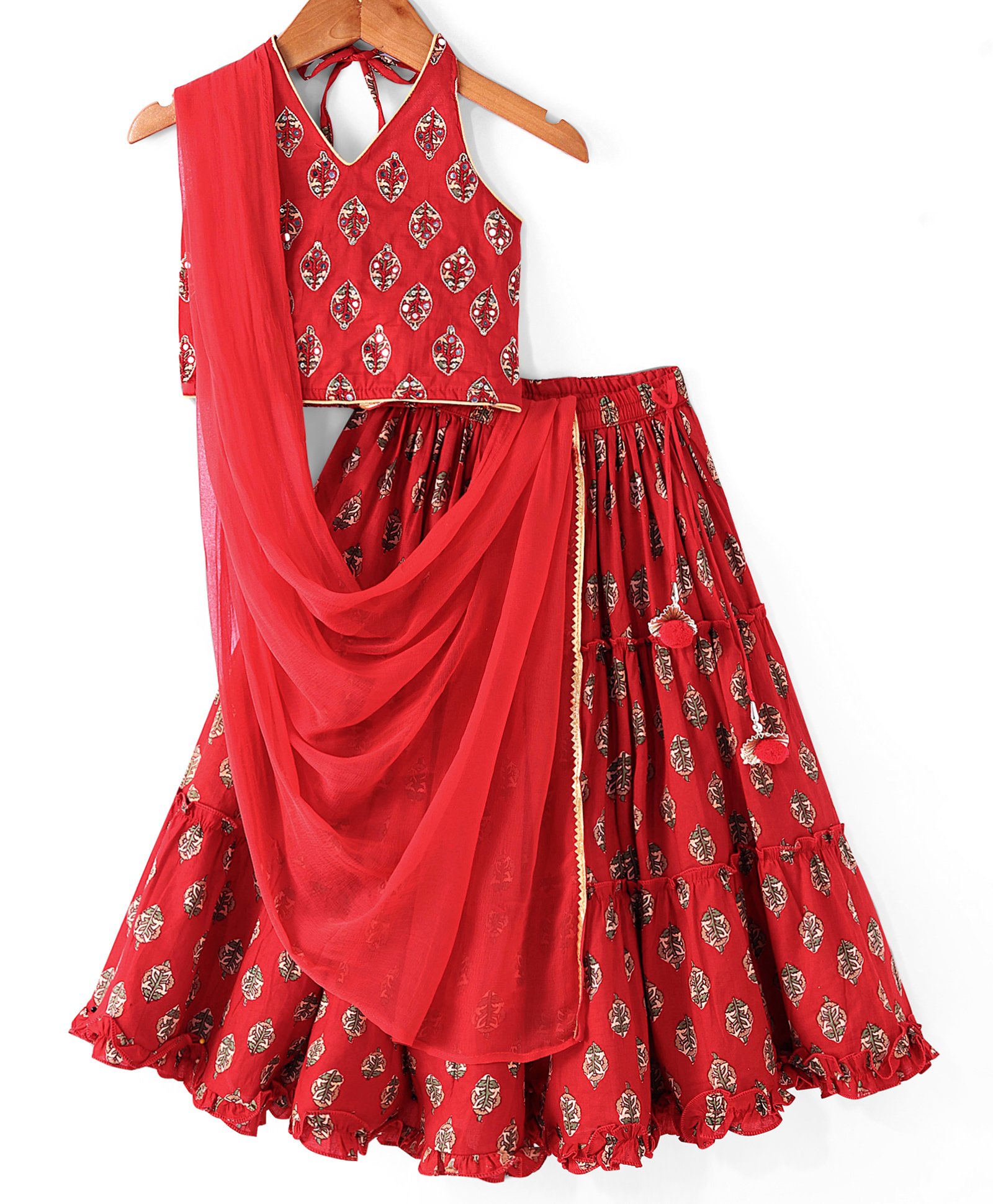 Babyhug 100% Cotton Woven Sleeveless Halter Neck Embroidered Choli Cambric Printed Tiered Lehenga & Dupatta Set - Red-image-46