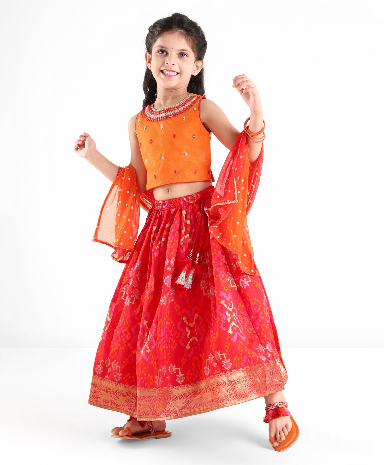 Babyhug Sleeveless Zari Embroidered Choli with Pattola Printed Lehenga and Dupatta Set - Red & Mustard-picture-11