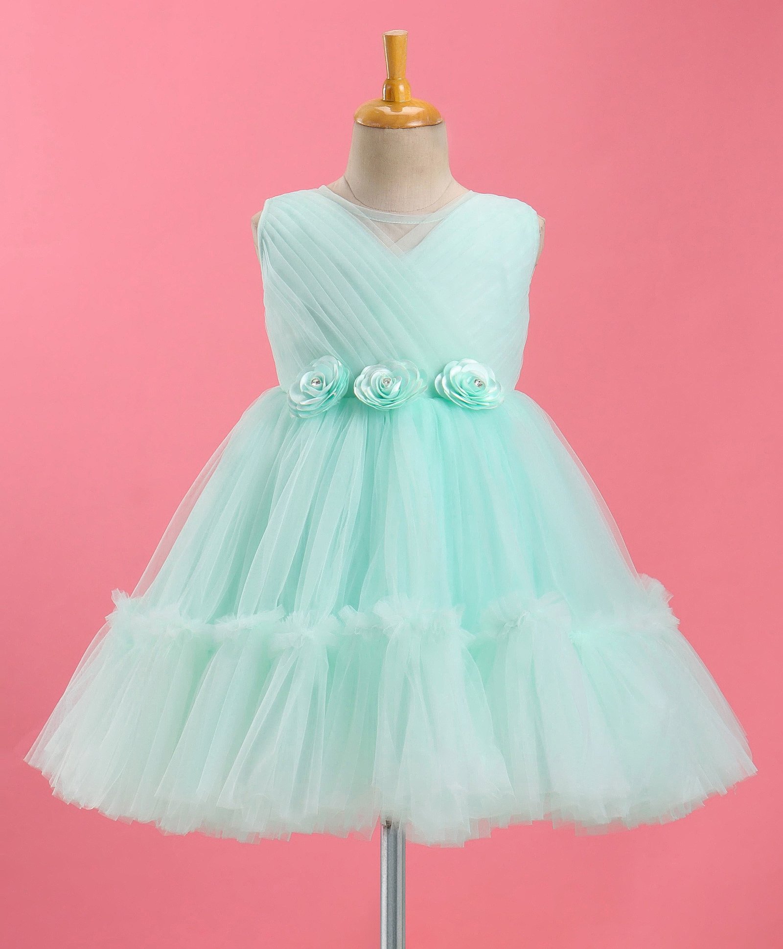 Bluebell  Sleeveless Party Frock with Floral Applique - Mint-image-9