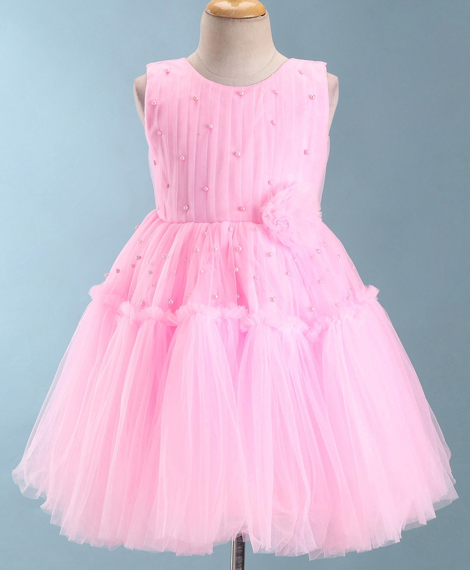 Bluebell Net Sleeveless Floral Corsage & Pearl Embellished Pleated & Tiered Detailing Party Frock - Pink-image-15
