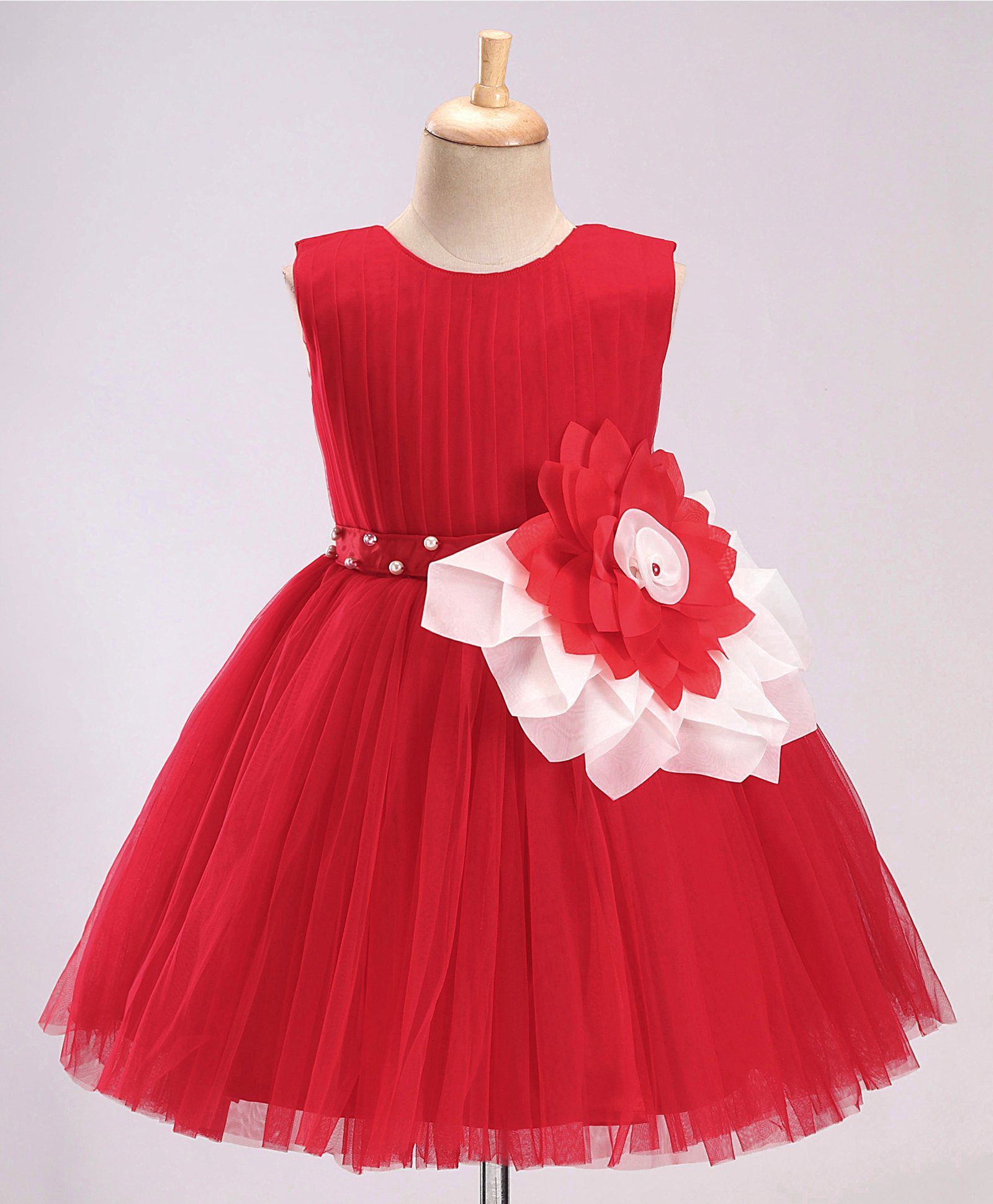 Bluebell Net Sleeveless Party Frock With Floral Corsage Solid Colour - Red-image-21