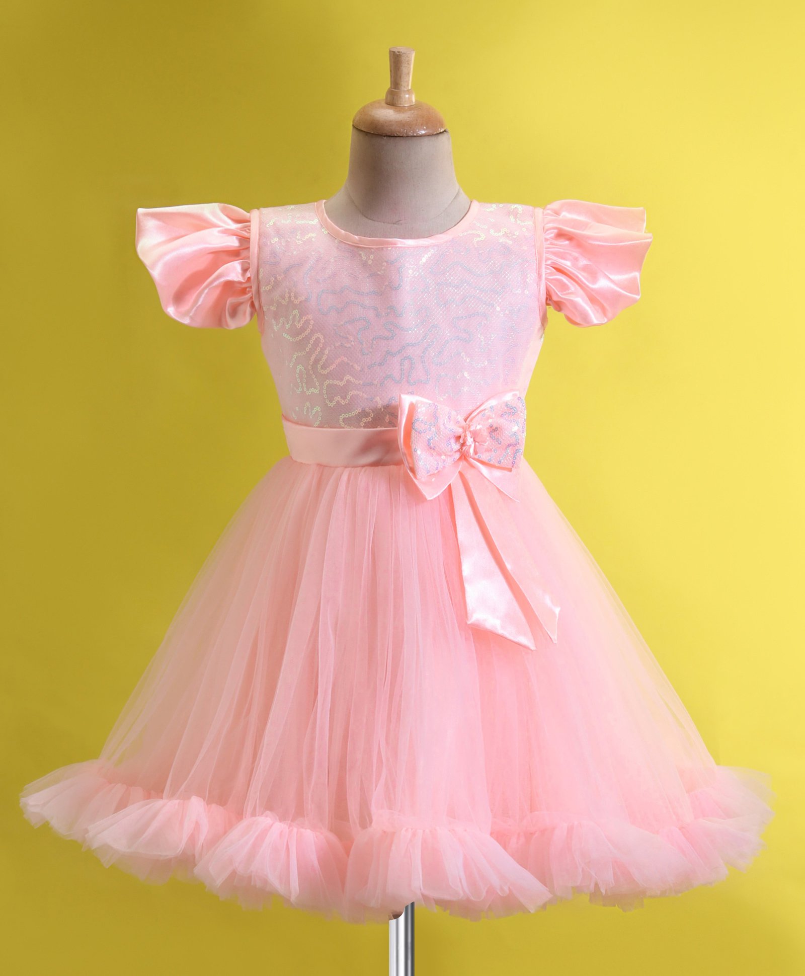 Bluebell Frill Sleeves  Party Frock with Sequin Detailing & Bow Applique - Peach-image-22