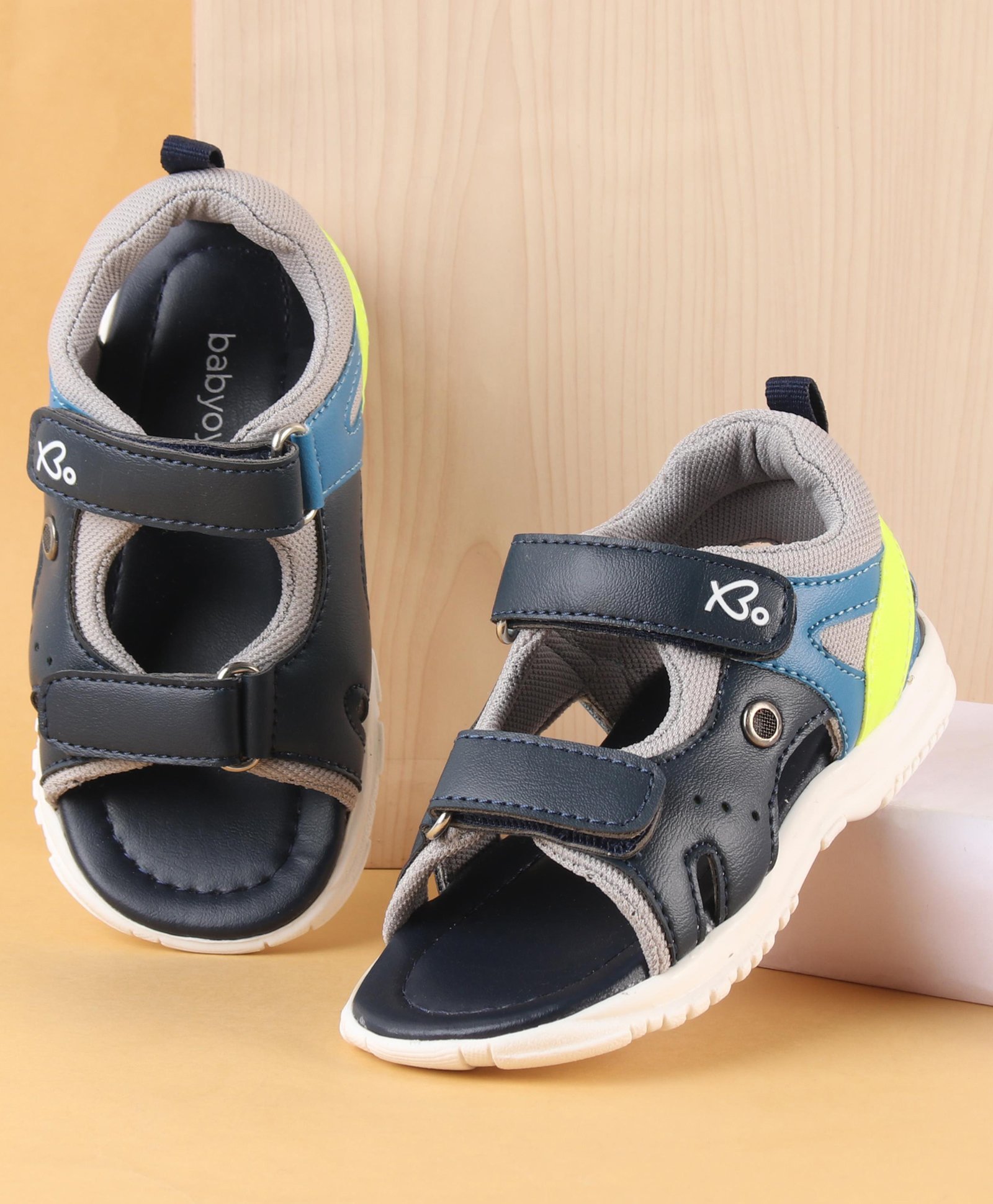 Babyoye Solid Sandals With Velcro Closure- Blue & Grey-image-1