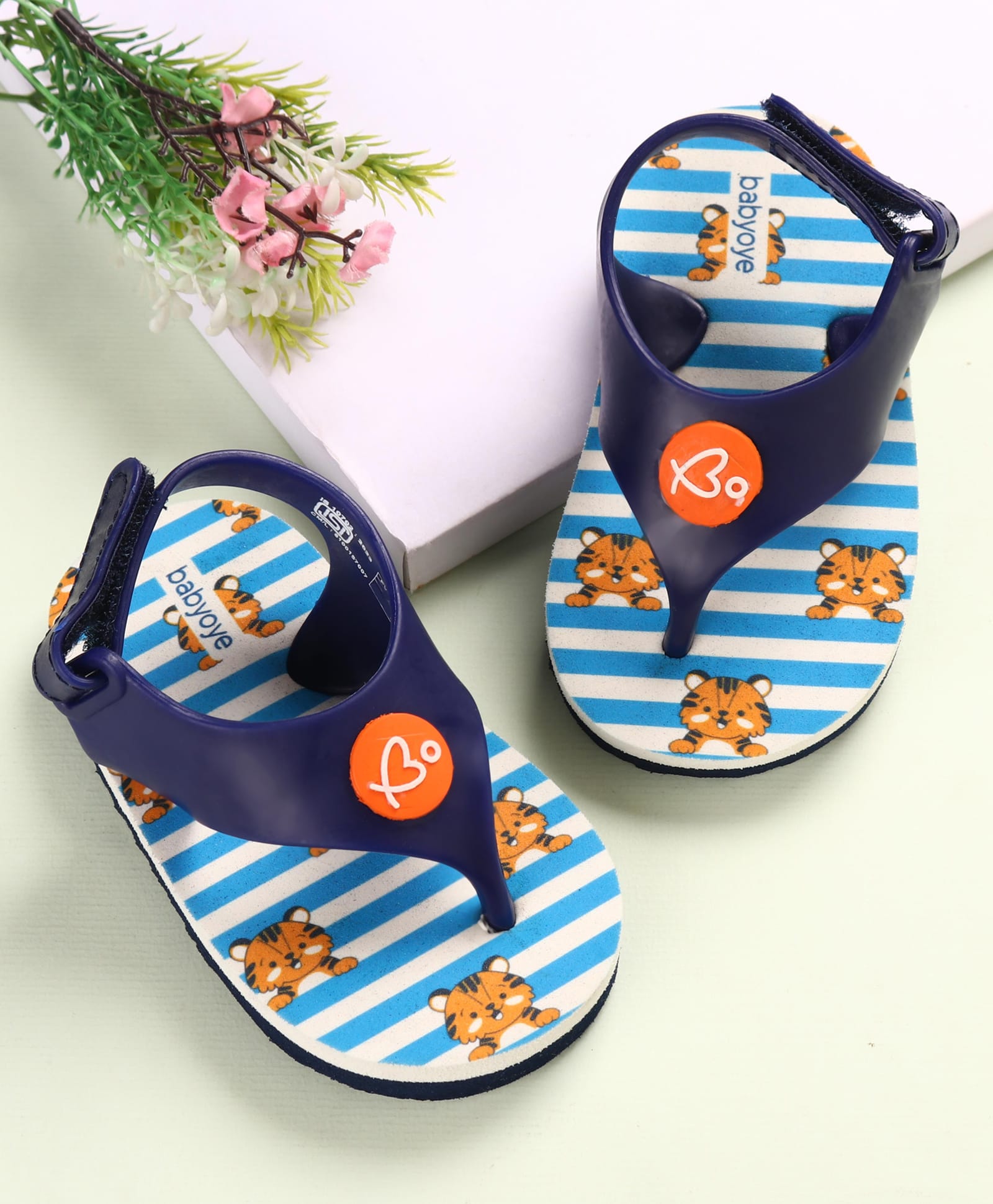 Babyoye Flip Flops Tiger Print & Applique Velcro Closure - Blue-image-5