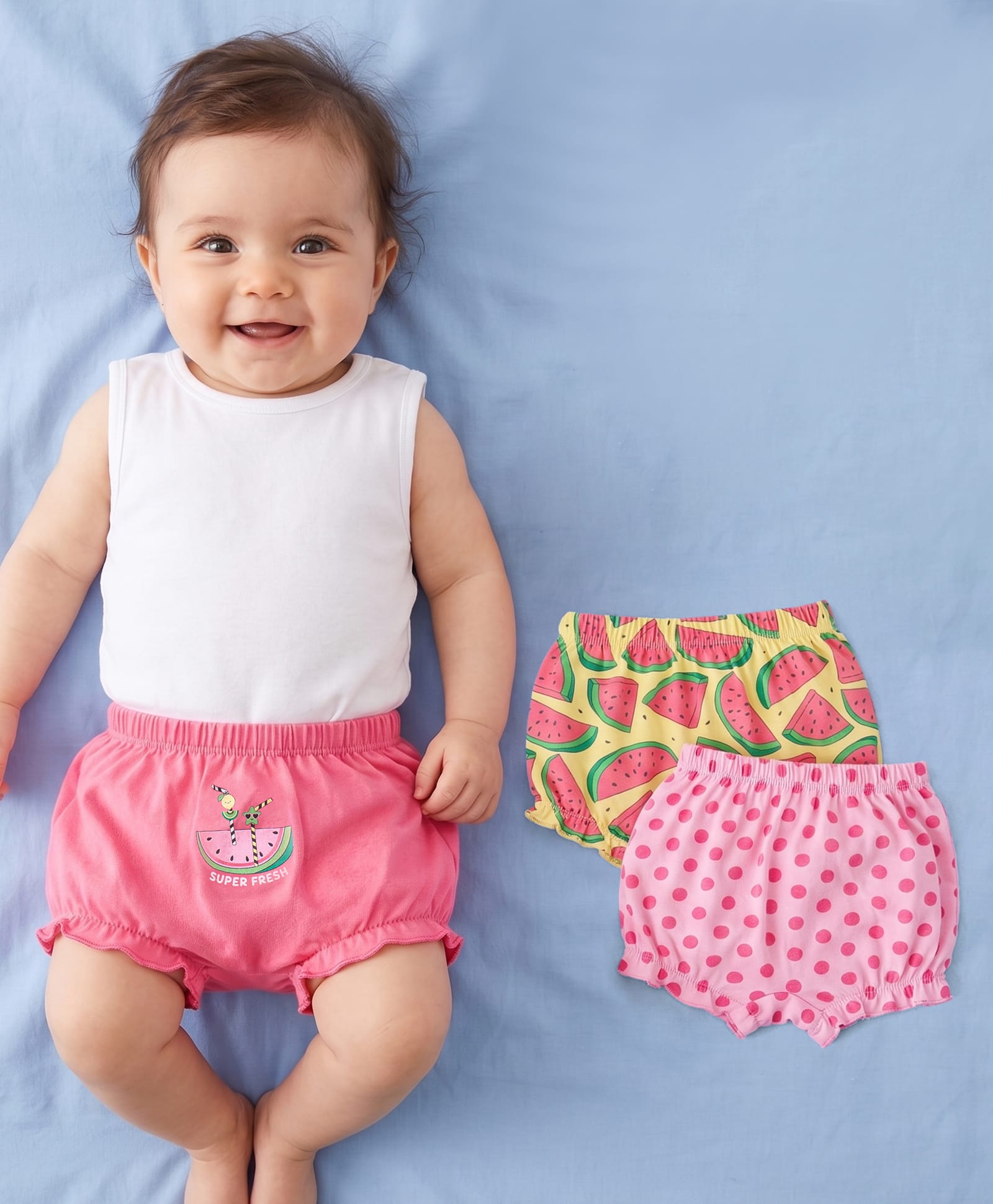 Babyhug 100% Cotton Bloomer Watermelon Print Pack Of 3 - Pink & Green-image-40
