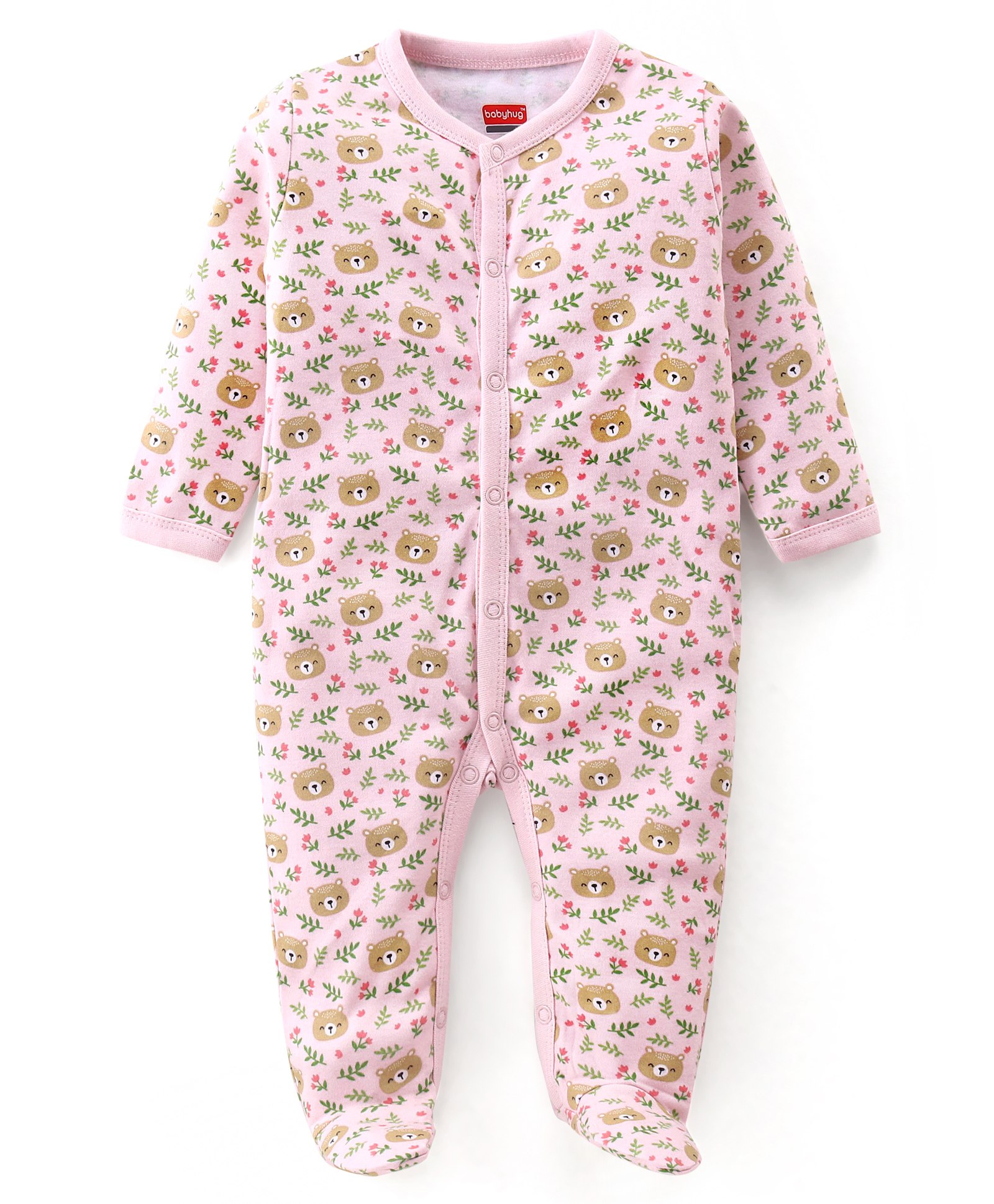 Babyhug Cotton Knit Full Sleeve Sleep Suit With Floral Print - Pink-image-18