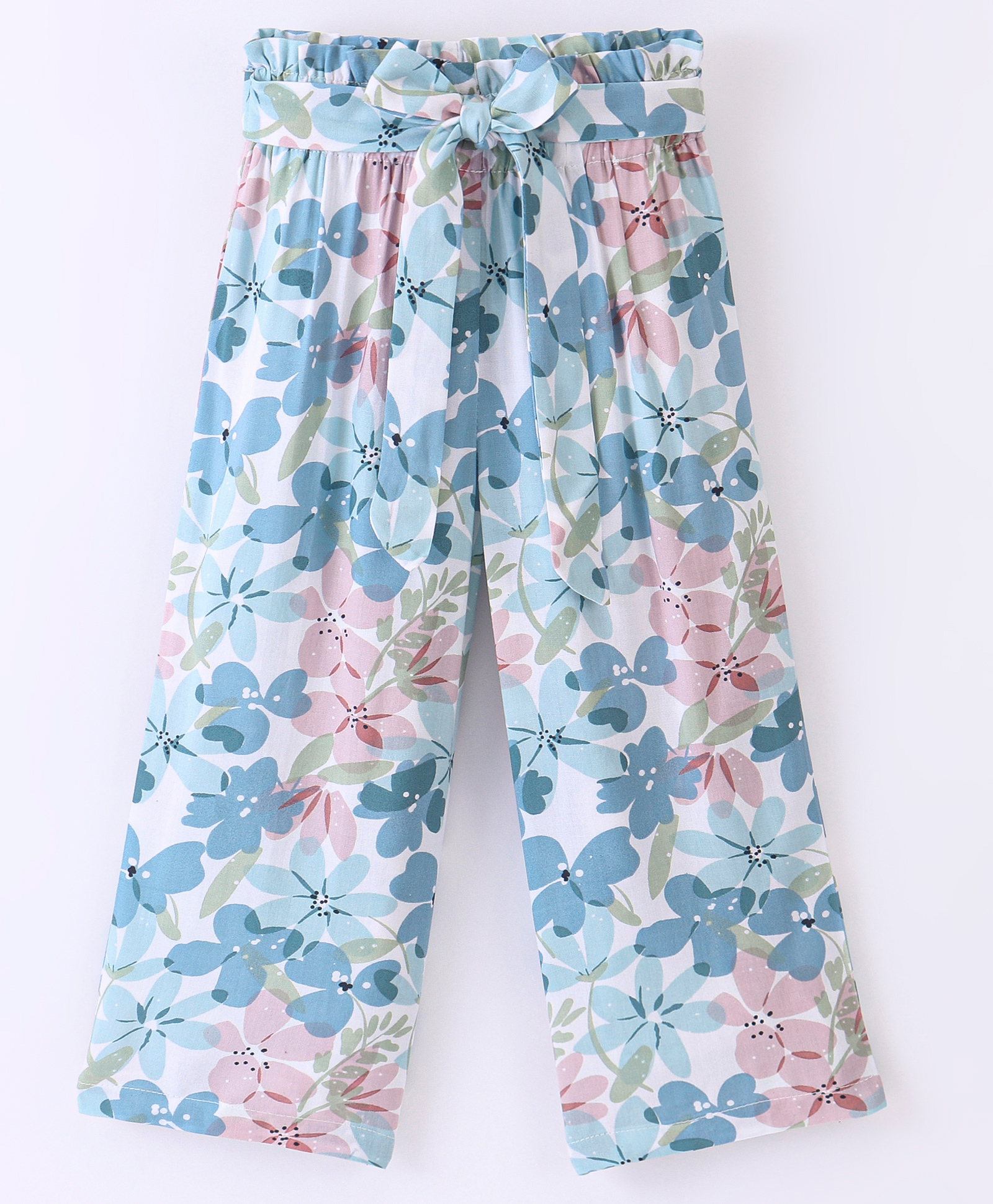 CrayonFlakes Water Colour Effect Floral Printed Belted Palazzo - Off White & Blue-picture-10