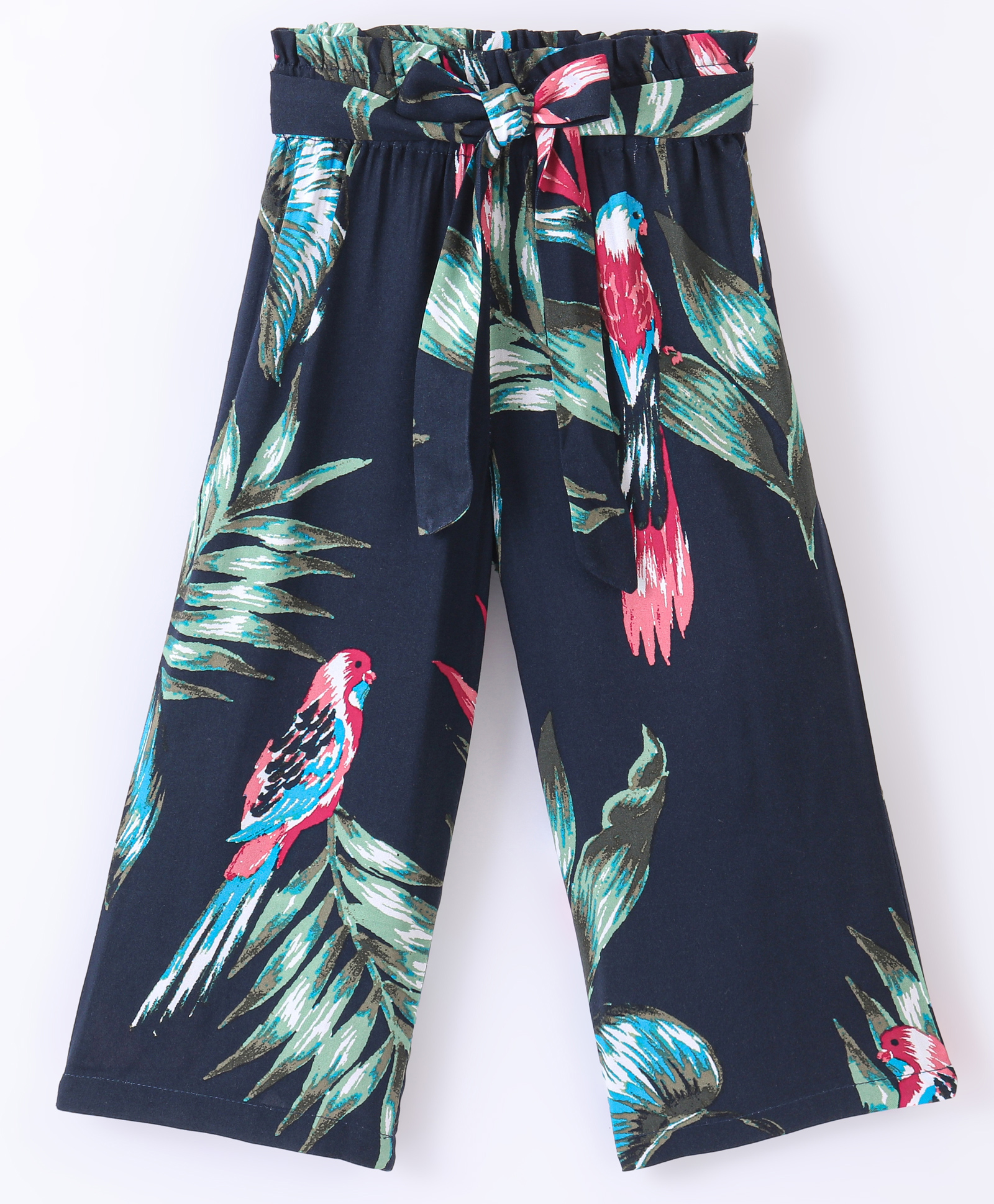 CrayonFlakes Forest Theme Leaves & Birds Printed Belted Palazzo - Navy Blue-picture-18
