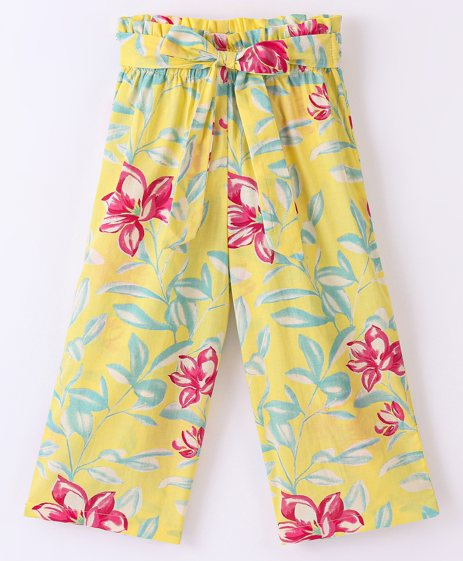 CrayonFlakes Floral & Leaves Printed Belted Palazzo - Yellow-picture-22