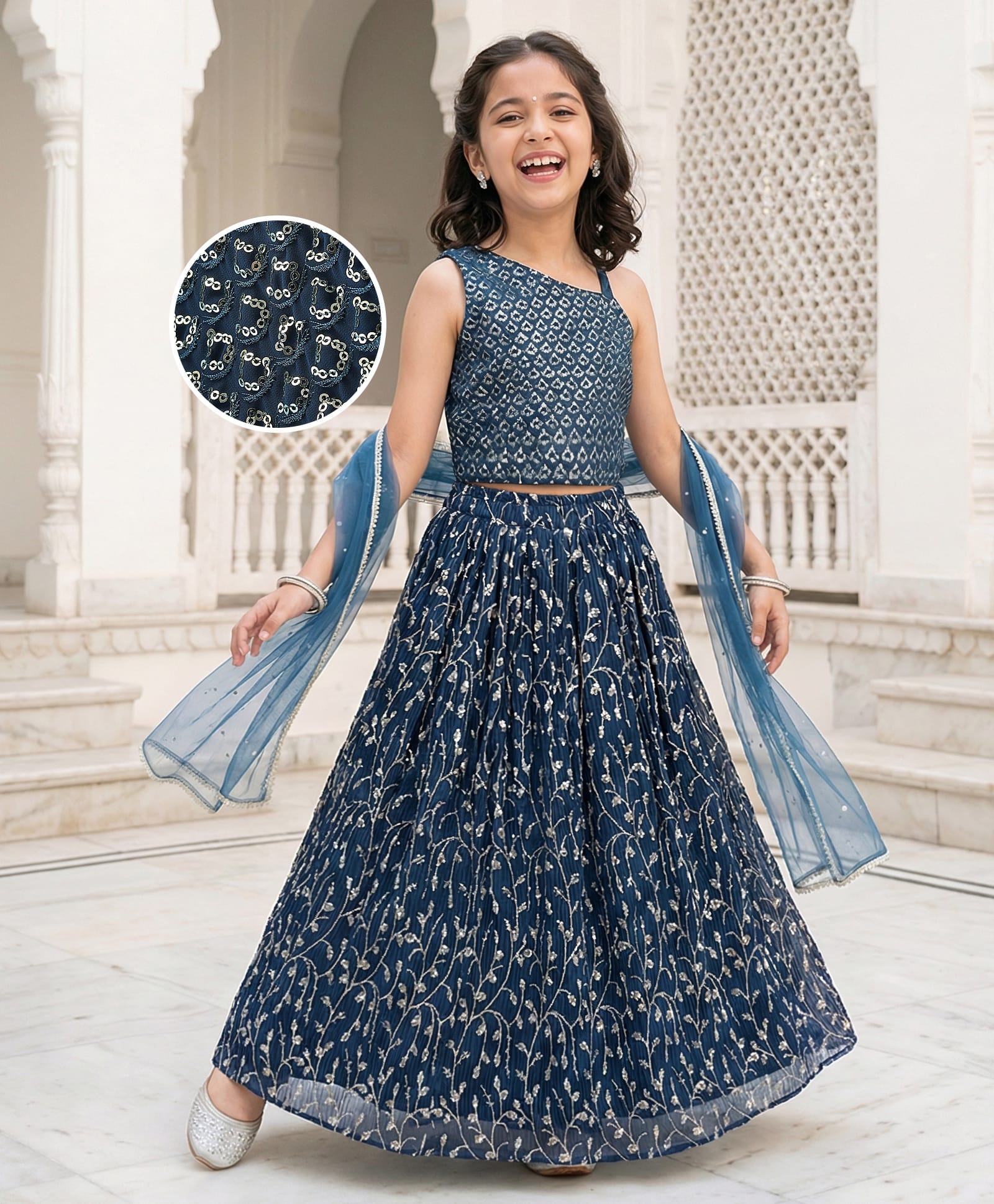 Pine Kids Woven Sleeveless Floral Sequin Embroidered Choli & Lahenga Set with Dupatta - Blue-picture-27