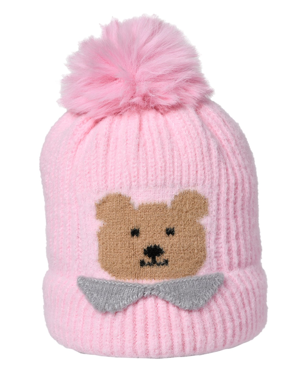Kid-O-World Ribbed Teddy Bear Design Woollen Bobble Cap - Pink-picture-15