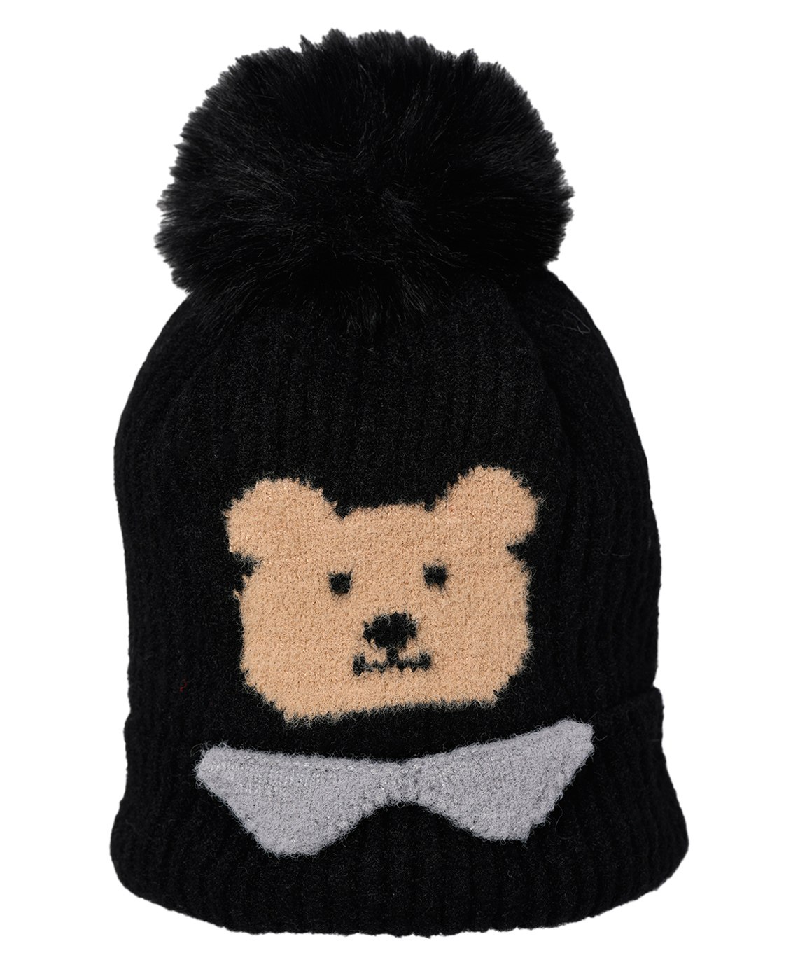 Kid-O-World Ribbed Teddy Bear Design Woollen Bobble Cap - Black-picture-17