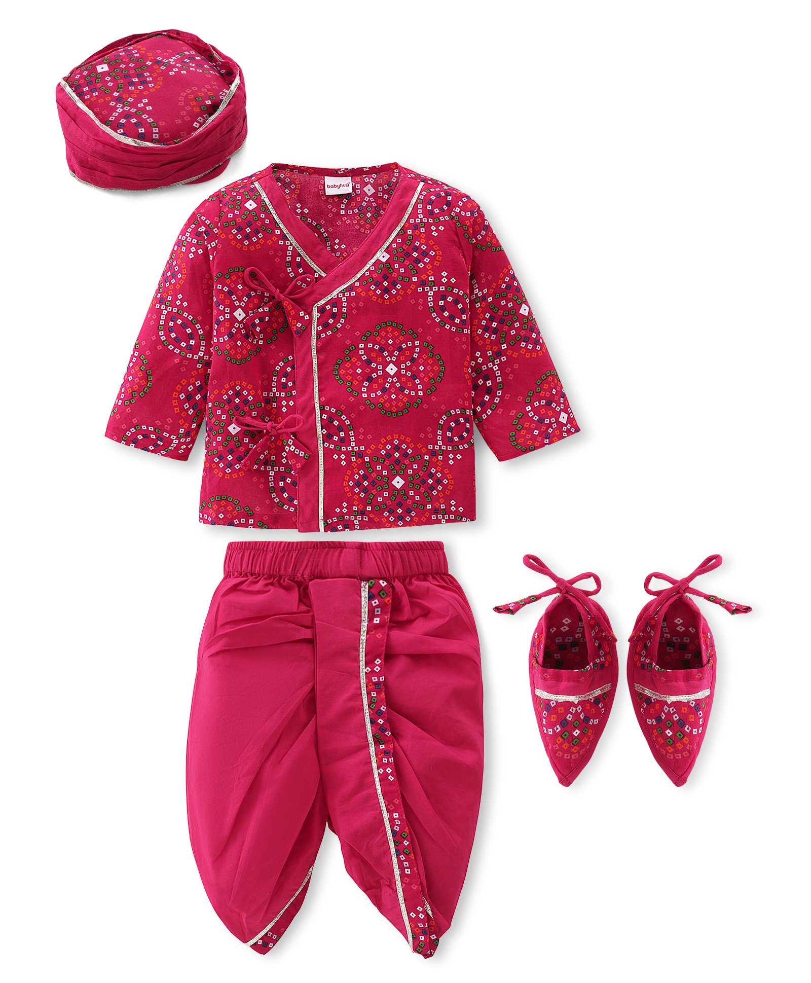 Babyhug Woven Full Sleeves Jamna Set with Forehead Cap & Booties - Fuchsia-picture-19