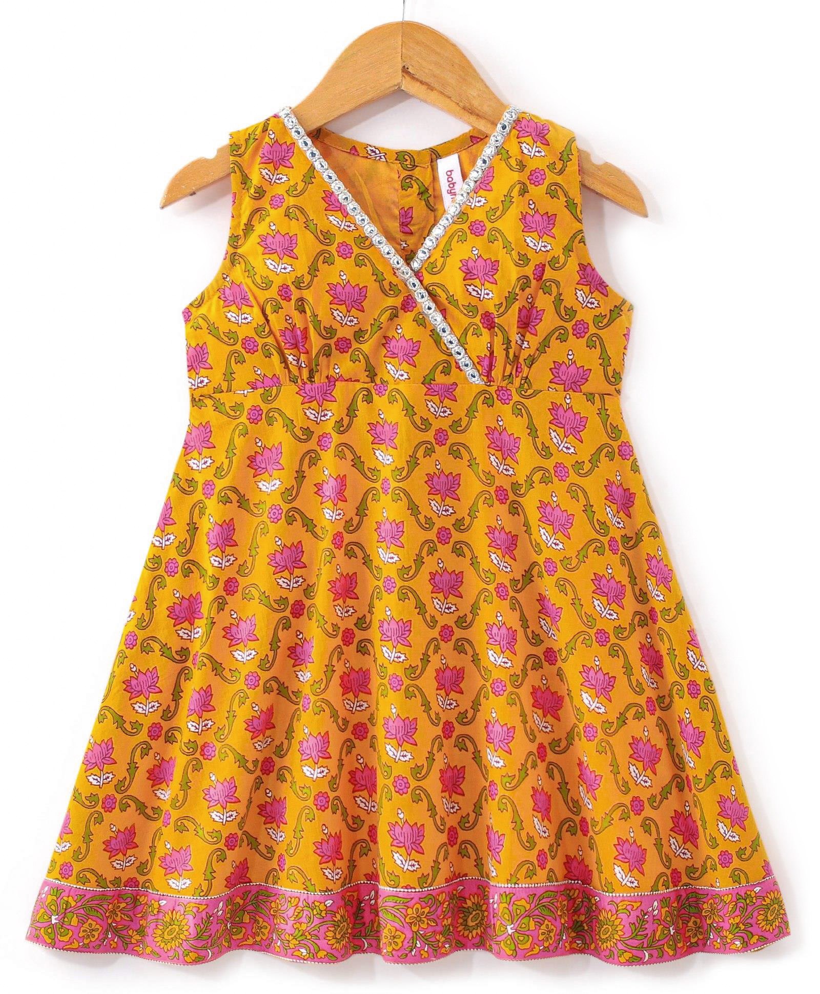 Babyhug 100% Cotton Woven  Sleeveless Ethnic Dress Floral Print- Yellow-image-7