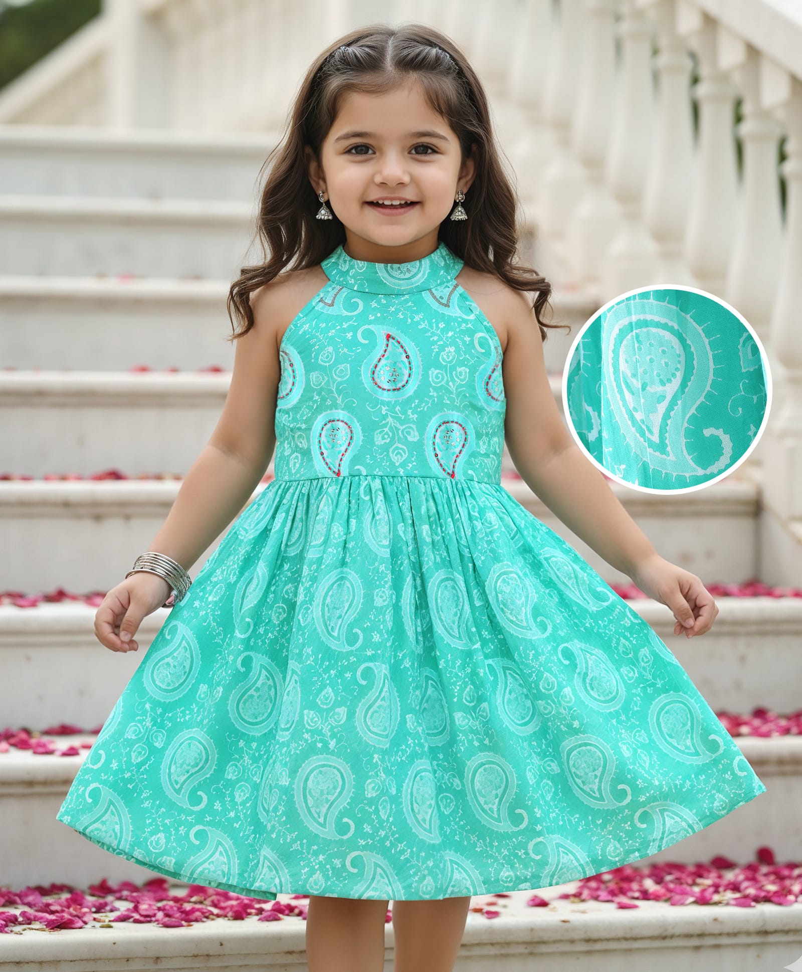 Babyhug 100% Cotton Sleeveless  Printed  Halter Neck Ethnic Dress Kolka Print - Blue-image-46