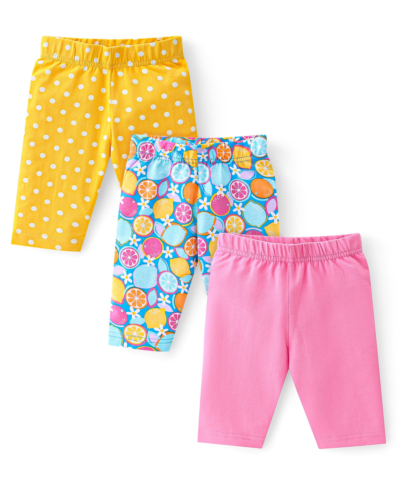 Babyhug Single Jersey Knit Three Fourth Length Legging Polka Dot & Orange Print Pack of 3 - Yellow Pink & Blue-image-37