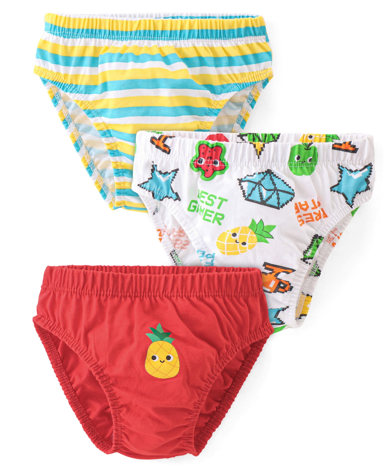 Babyhug 100% Cotton Knit Briefs  Striped & Pineapple Print Pack of 3- Green White & Red-image-35