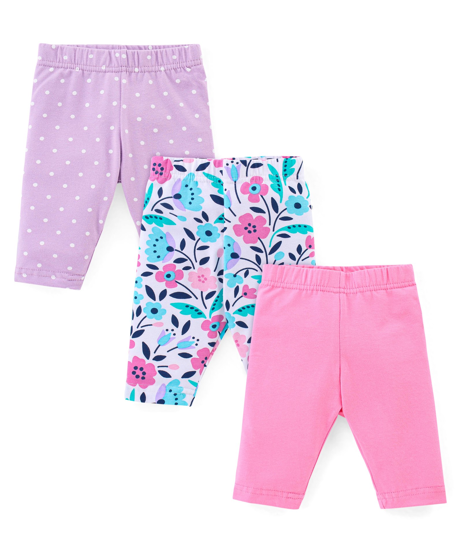 Babyhug Cotton Knit Three Fourth Leggings Dots & Floral Print Pack Of 3 - Pink & Purple-picture-26