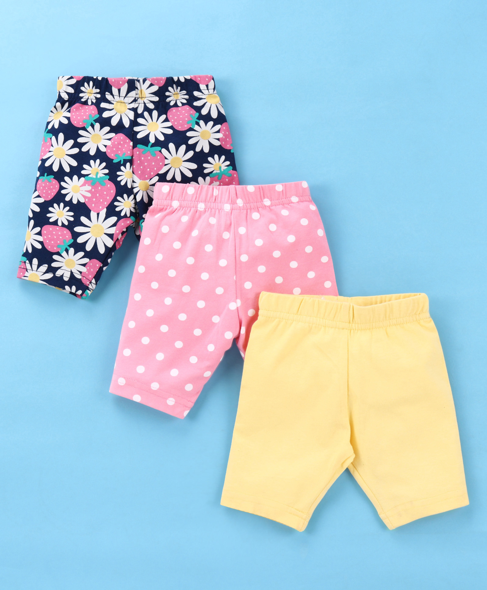 Babyhug Single Jersey Knit  Three Fourth Leggings Stripe Floral & Dot Print Pack of 3- Pink White & Yellow