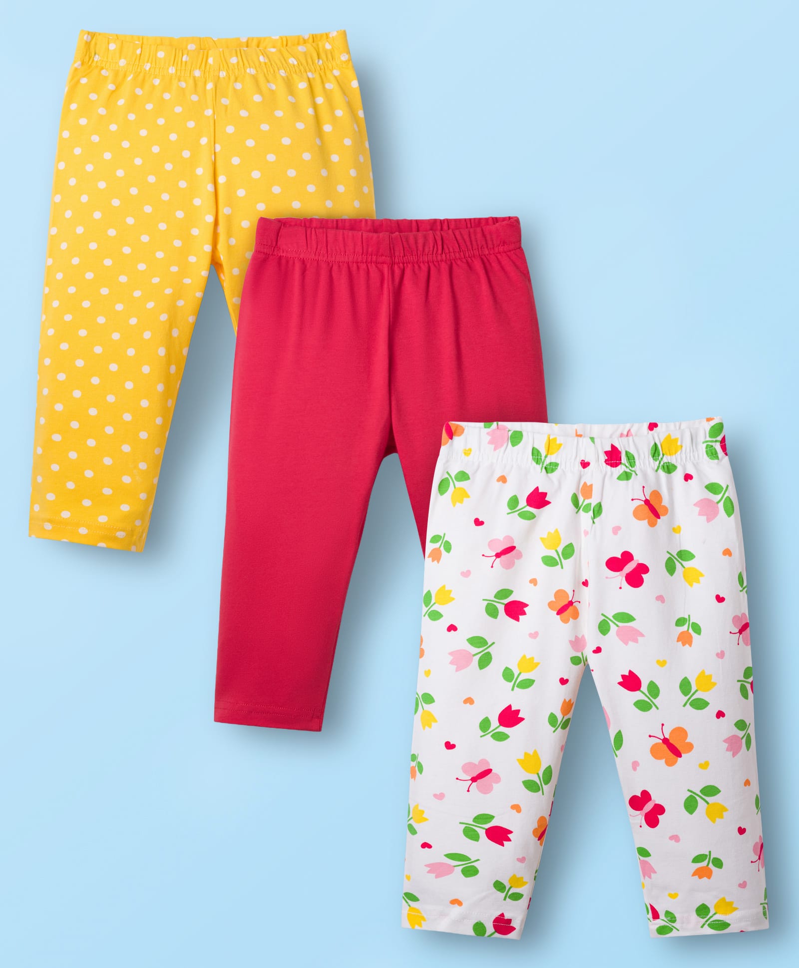 Babyhug Cotton Knit Three Fourth Length Floral Print Leggings Pack of 3 - Red Blue & Purple-image-42