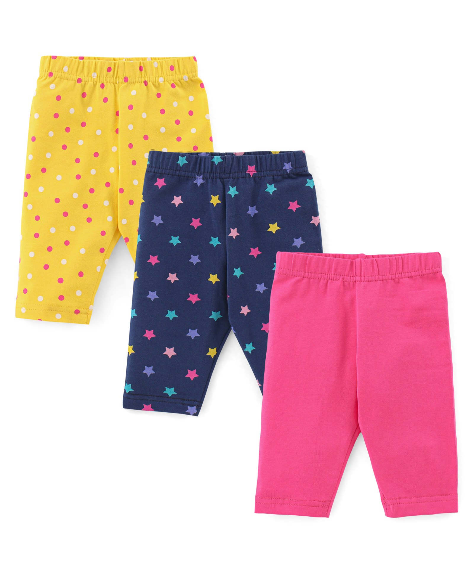 Babyhug Cotton Knit Three Fourth Length Stars & Polka Dots Printed Leggings Pack of 3 - Pink Yellow & Blue-picture-27