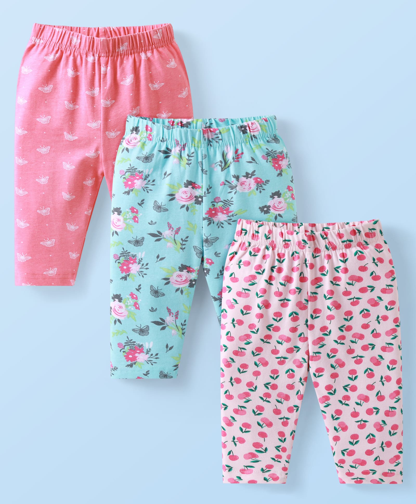 Babyhug Cotton Knit Three Fourth Leggings Floral Print Pack of 3 - Pink & Purple-image-19