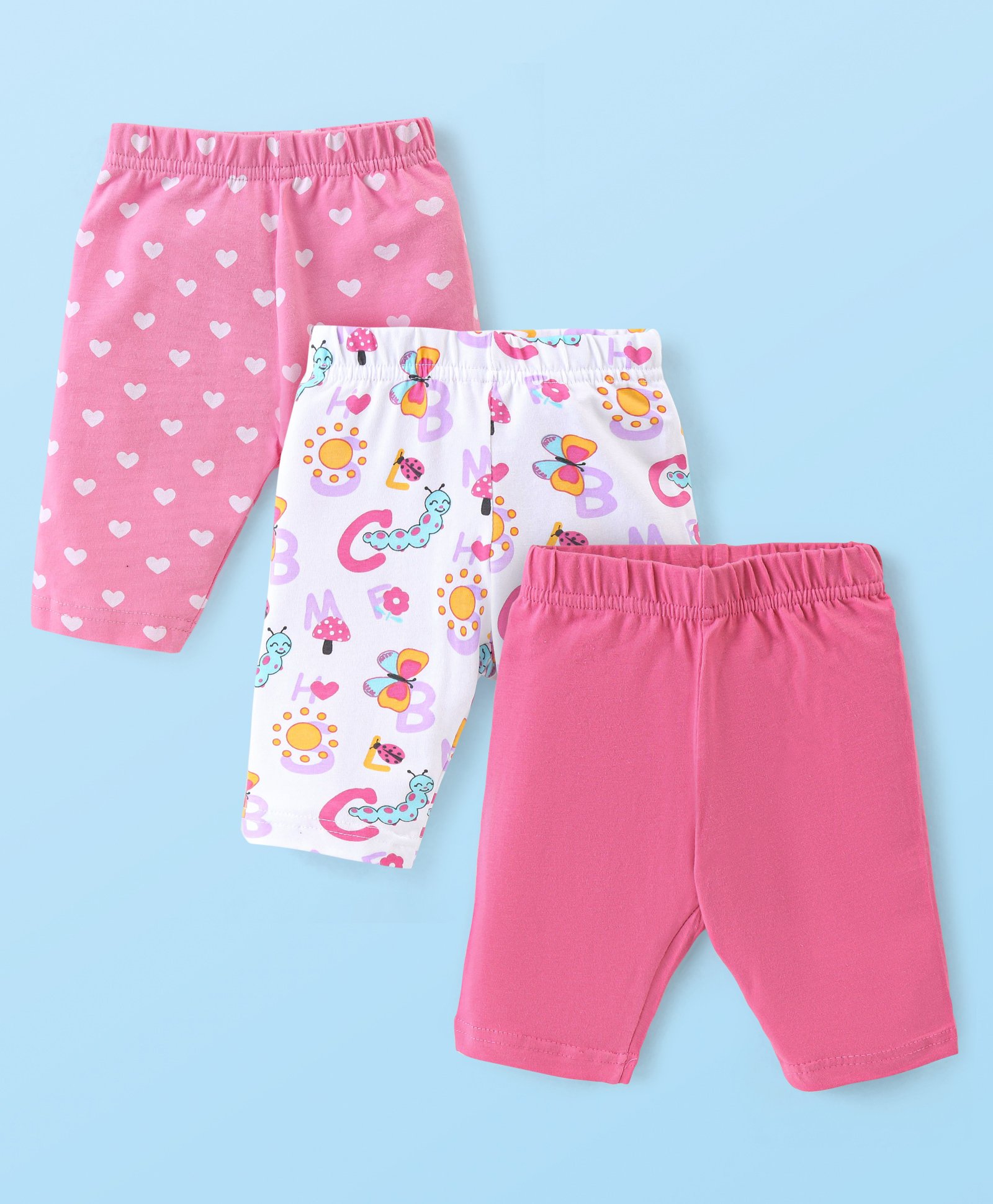 Babyhug Knit Three Fourth Leggings Bugs Print & Solid Pack of 3 - Multicolour-picture-17